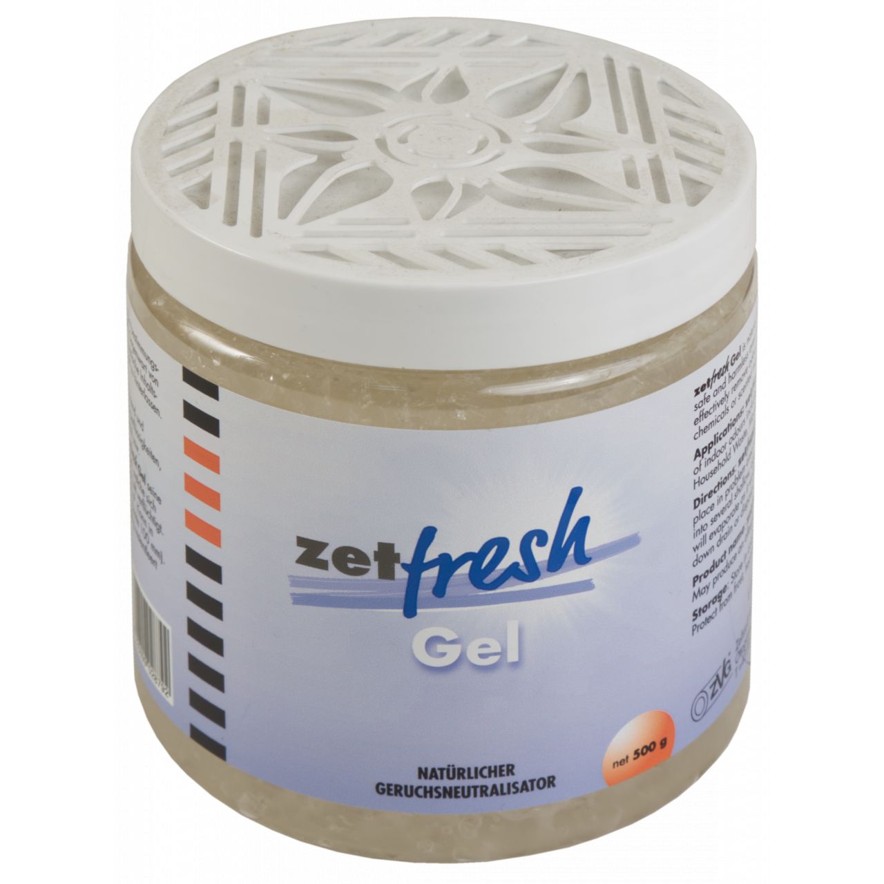 Behälter mit weißem Deckel und gelbem Gel. Aufschrift: zetfresh Gel, Geruchsneutralisator.