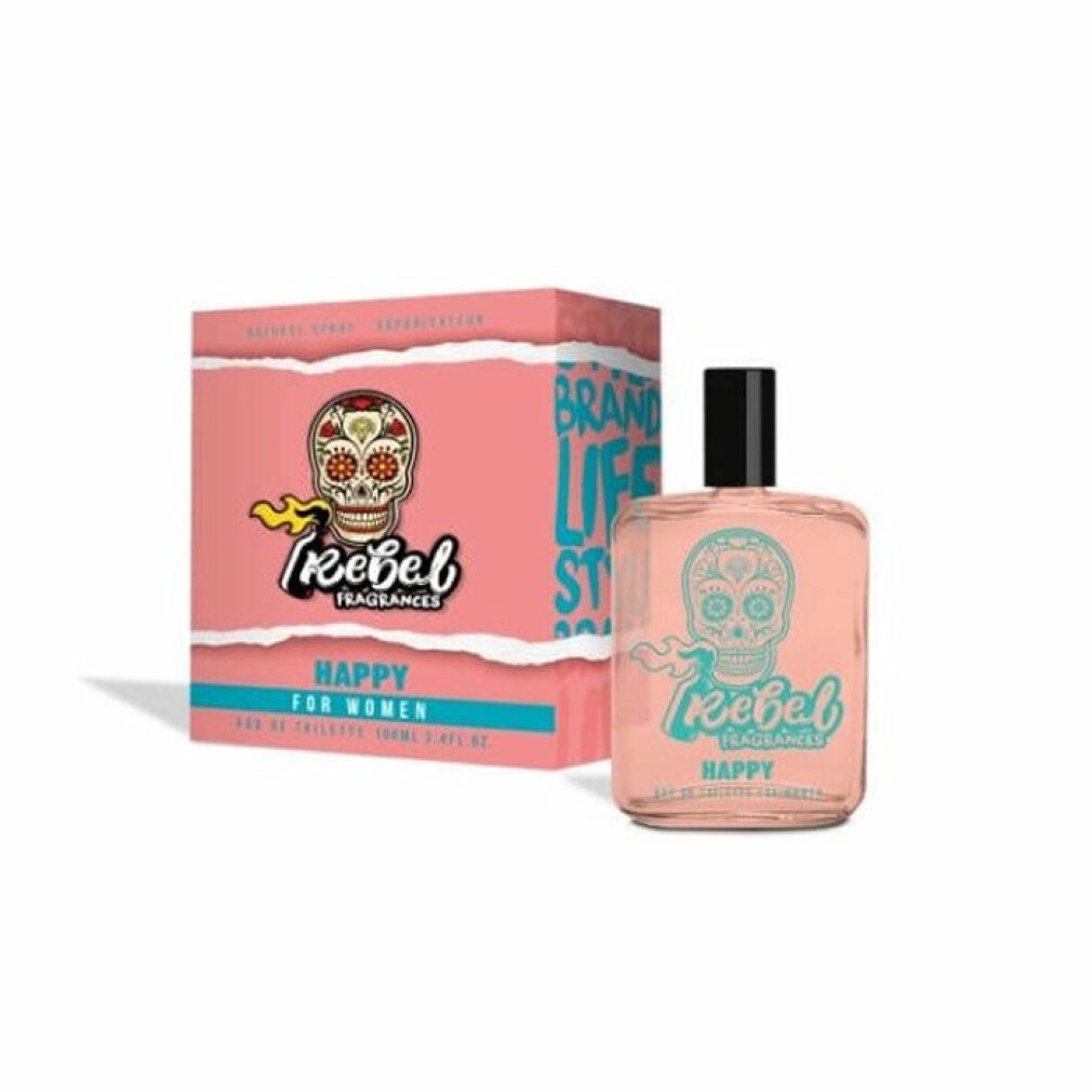 Eau de Toilette-Flakon und Verpackung. Rosa Flakon mit Totenkopf-Design. Rosa Verpackung mit Totenkopf und Schriftzug.