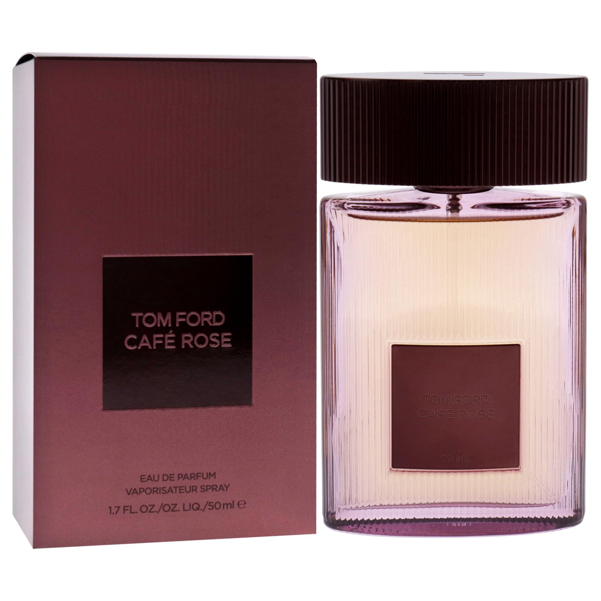 TOM FORD CAFE ROSE Flakon und Verpackung. Flakon mit braunem Deckel und rechteckigem Etikett. Verpackung in Rotbraun.