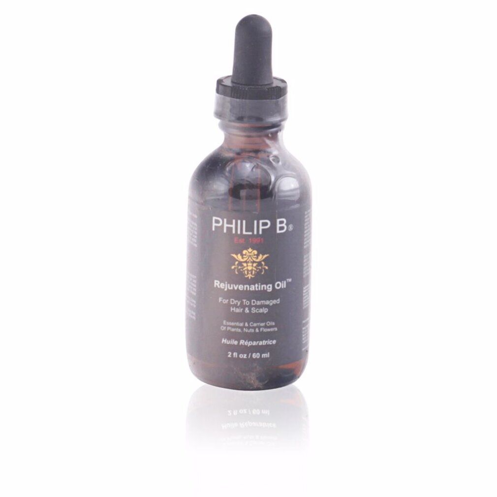 Braune Glasflasche mit Pipette. Aufschrift: Philip B. Rejuvenating Oil. Für trockenes, geschädigtes Haar & Kopfhaut. 2 fl oz / 60 ml.