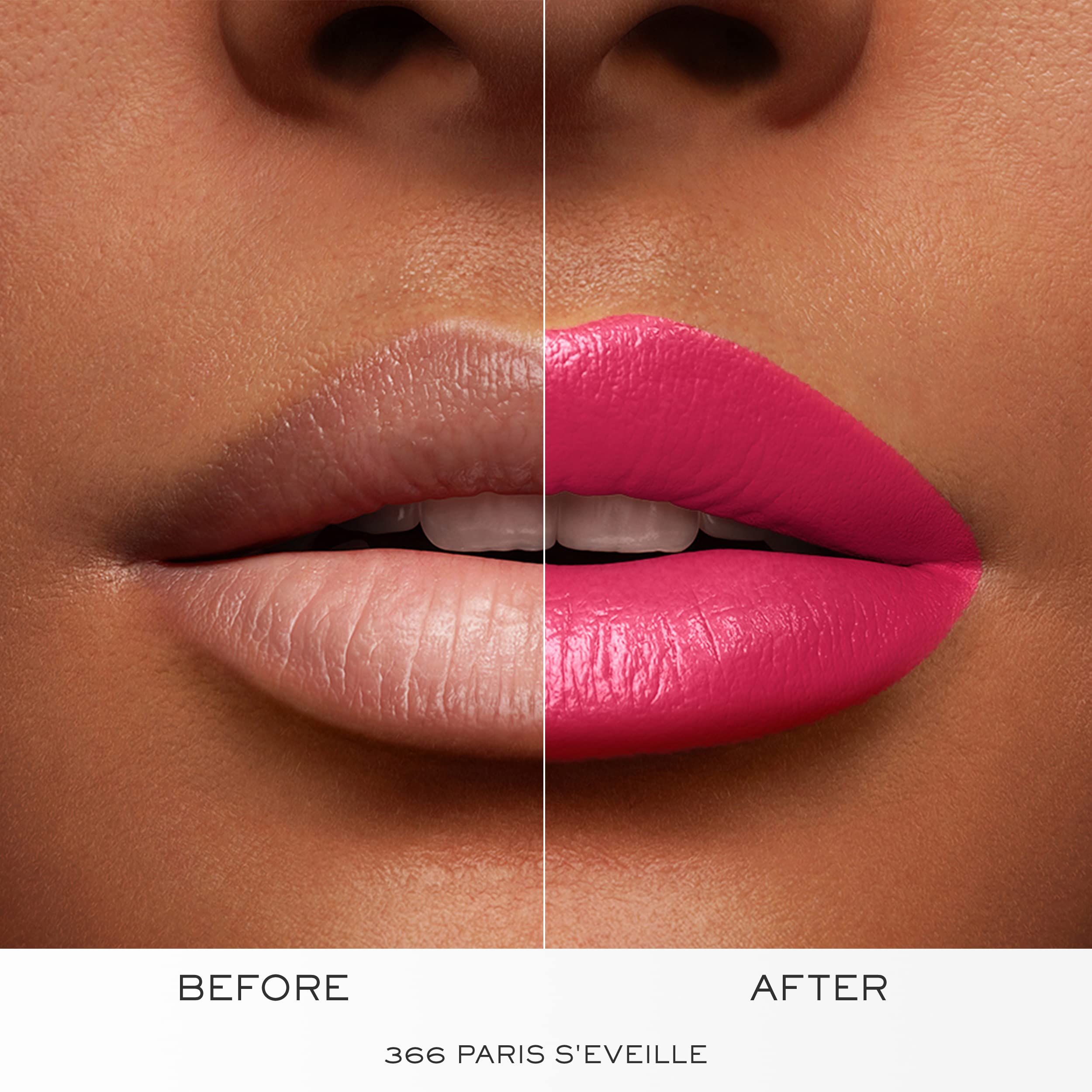 Lippen vor und nach dem Auftragen von pinkfarbenem Lippenstift. Unten steht die Aufschrift: 366 PARIS S'EVEILLE.