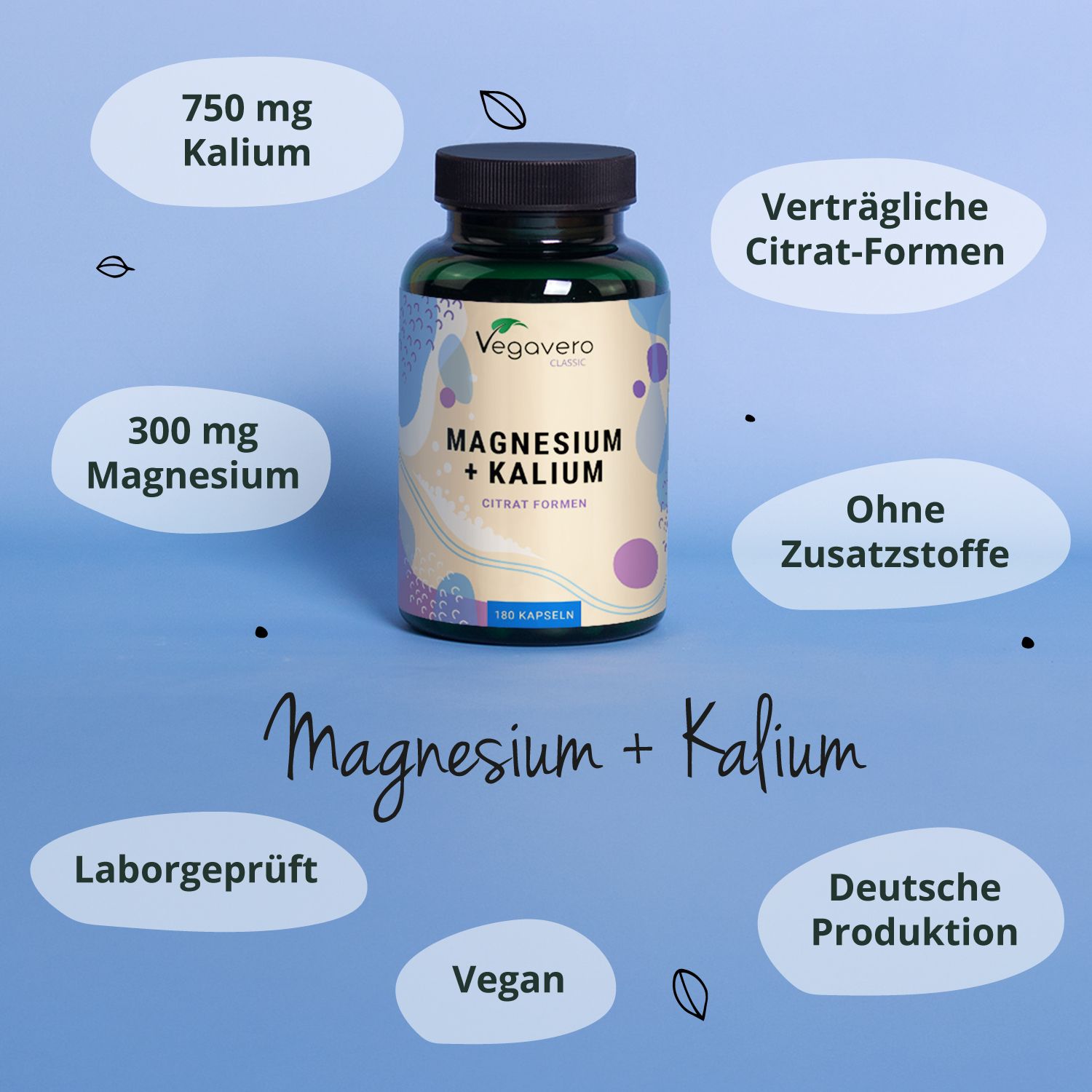 Grüne Flasche mit schwarzem Deckel. Aufschrift: Magnesium + Kalium, 180 Kapseln. Zusätzliche Informationen: Vegan, Laborgeprüft, Deutsche Produktion.