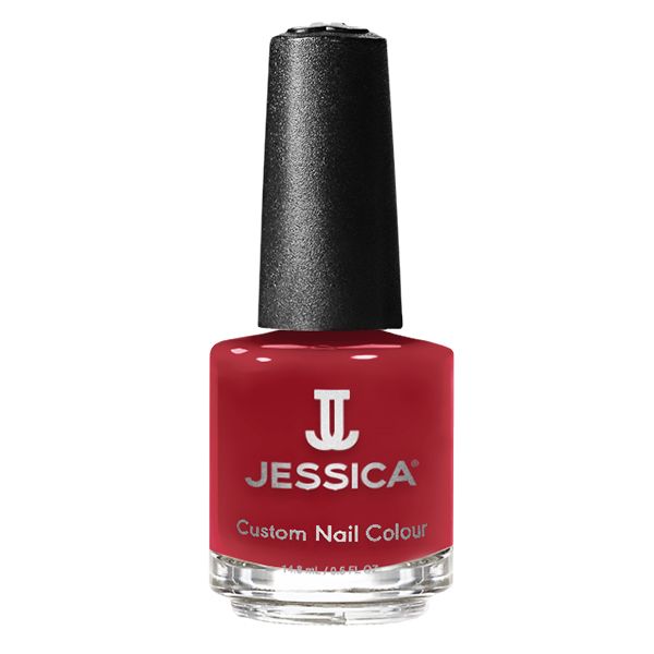 Rote Nagellackflasche mit schwarzem Deckel. Aufschrift: JESSICA Custom Nail Colour.
