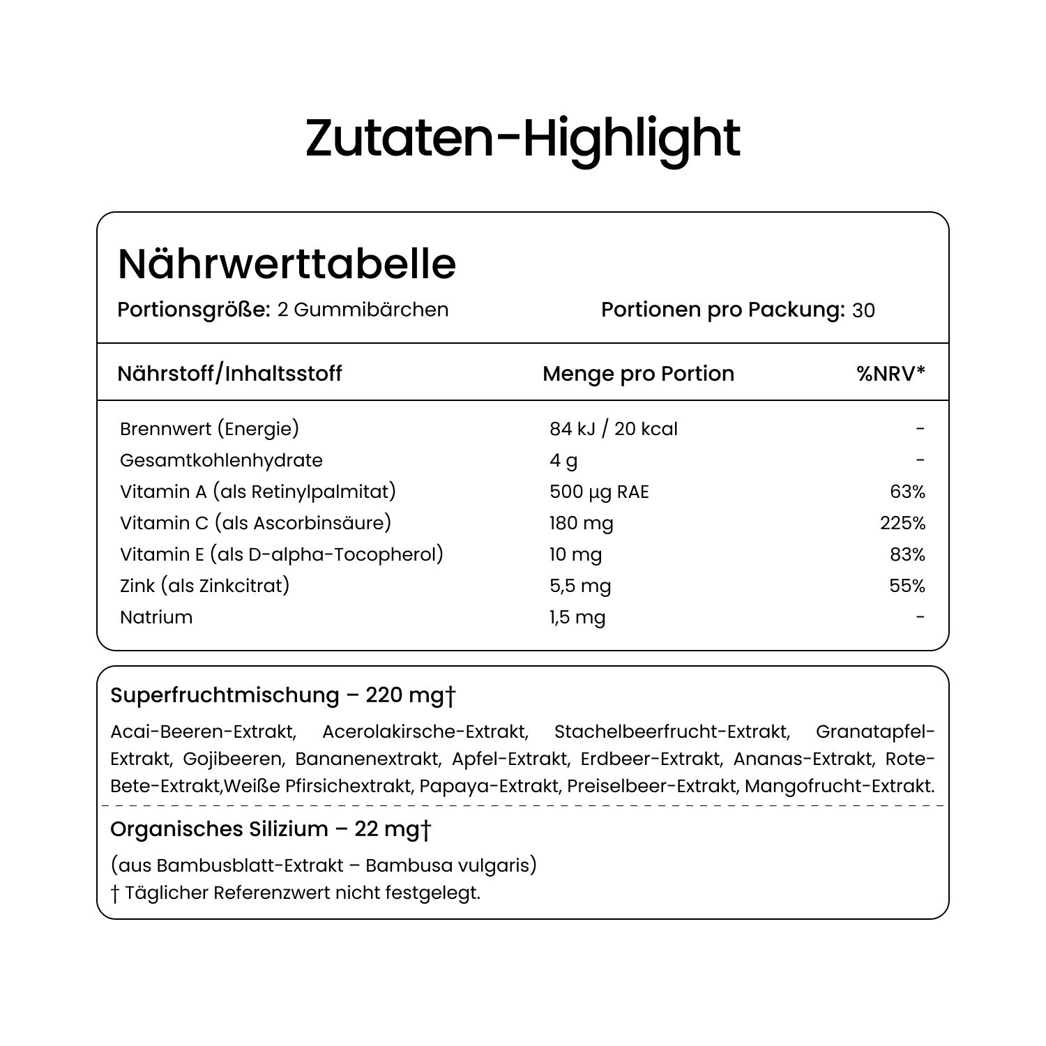 Nährwerttabelle mit Informationen zu Vitaminen und Inhaltsstoffen. Text: "Superfruchtmischung - 220 mg".