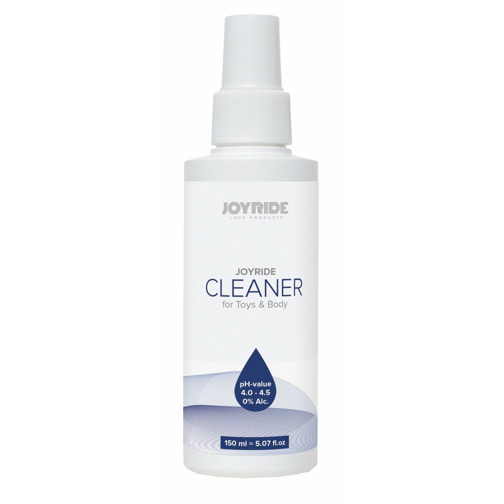 Weiße Flasche mit Sprühkopf. Aufschrift: Joyride, Cleaner for Toys & Body. Blaue Tropfen-Grafik. pH-Wert 4.0-4.5, 0% Alc. 150 ml.