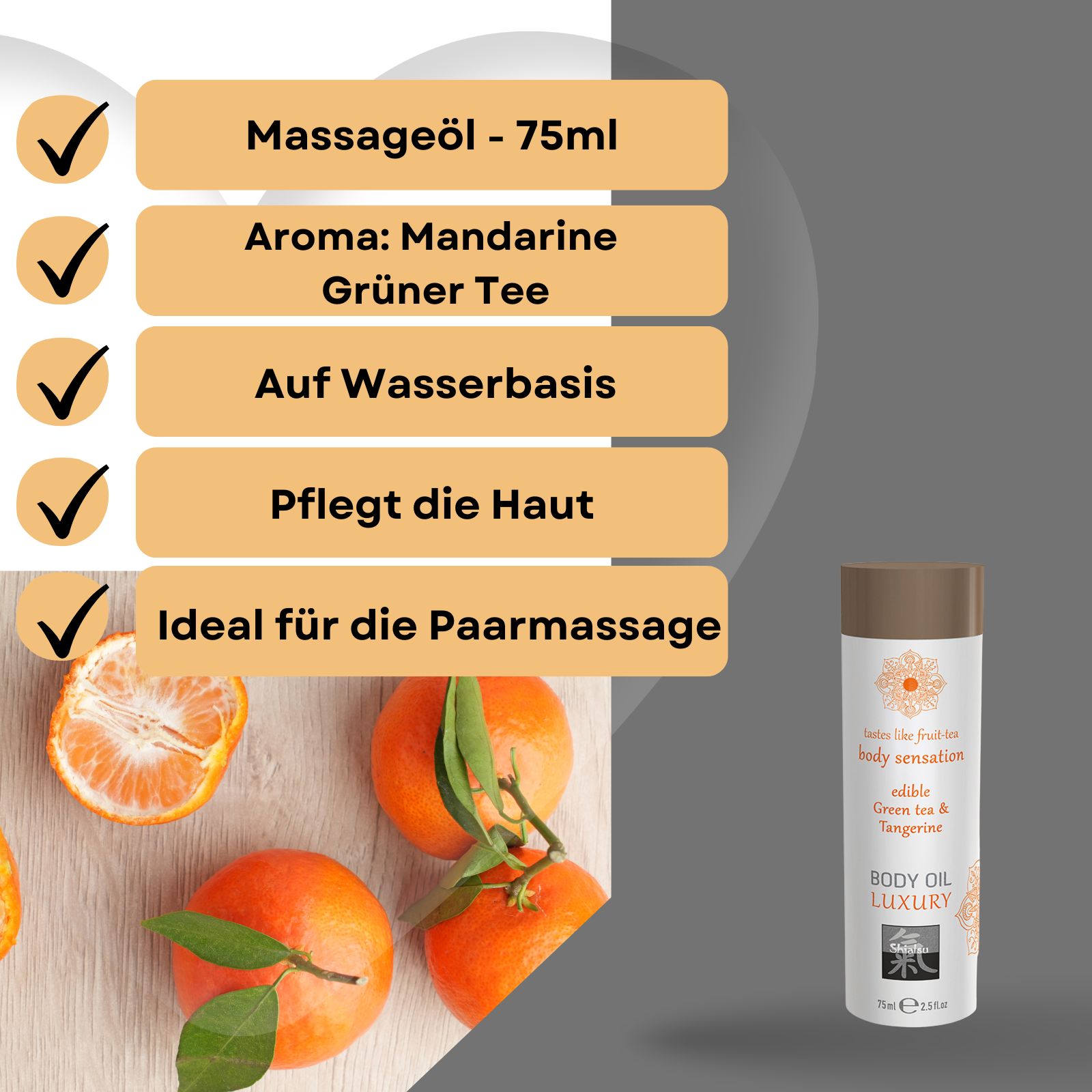 Massageöl-Flasche neben Mandarinen. Text: Massageöl, Aroma: Mandarine, Grüner Tee, Auf Wasserbasis, Pflegt die Haut.