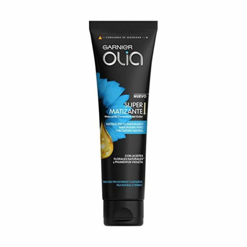 Schwarze Tube Garnier Olia Super Matizante Maske. Blaue Blume und gelber Tropfen. Text: Nuevo, Super Matizante, Mascarilla Correctora Color.