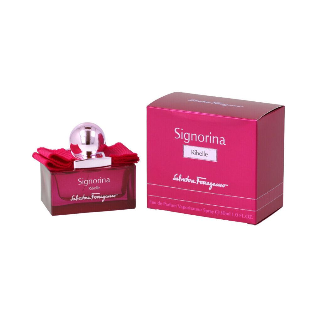 Salvatore Ferragamo Signorina Ribelle Eau de Parfum Flakon mit Schleife.