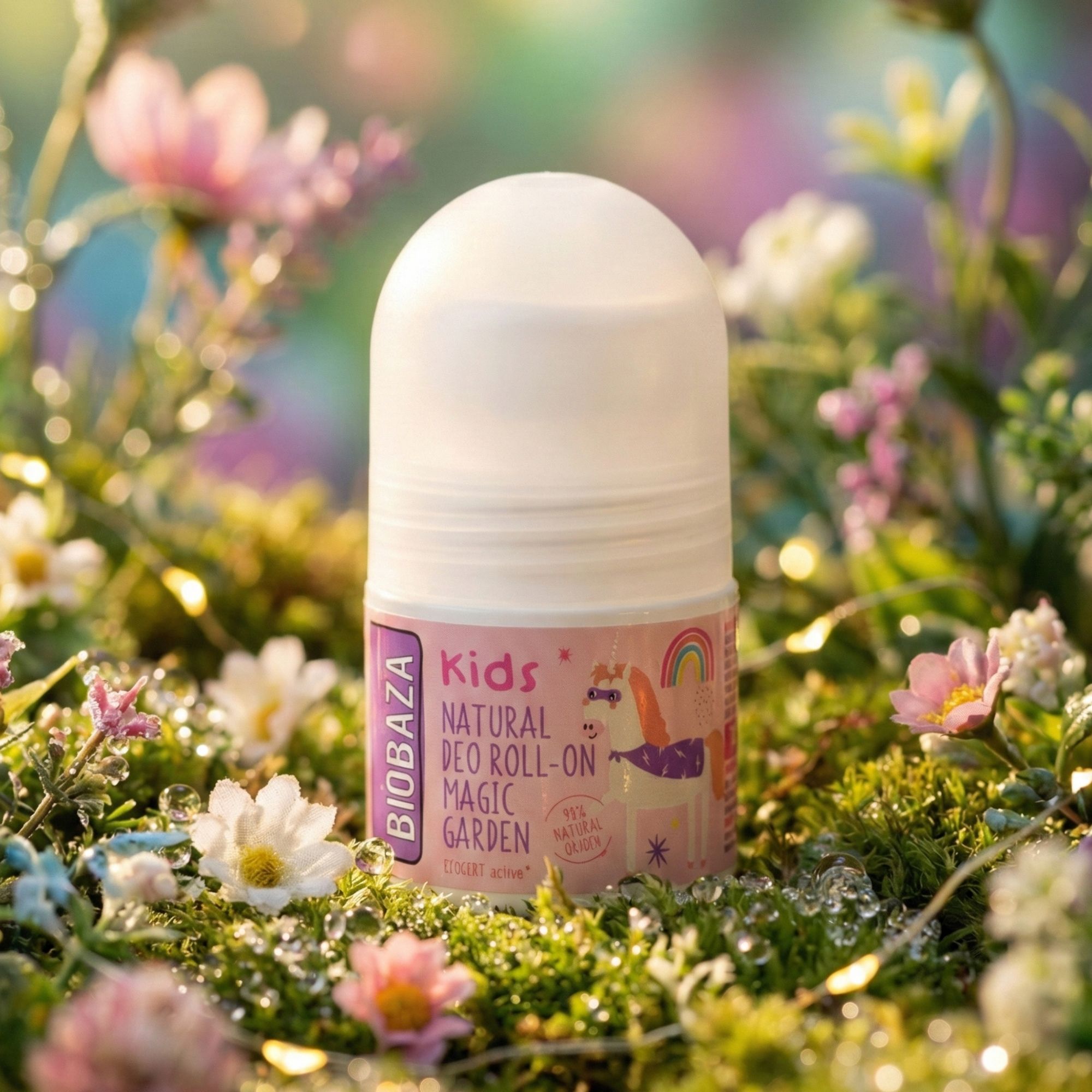 Roll-on-Deo in Blumengarten. Produktetikett sichtbar. Natürlicher Hintergrund mit Blumen und Pflanzen.