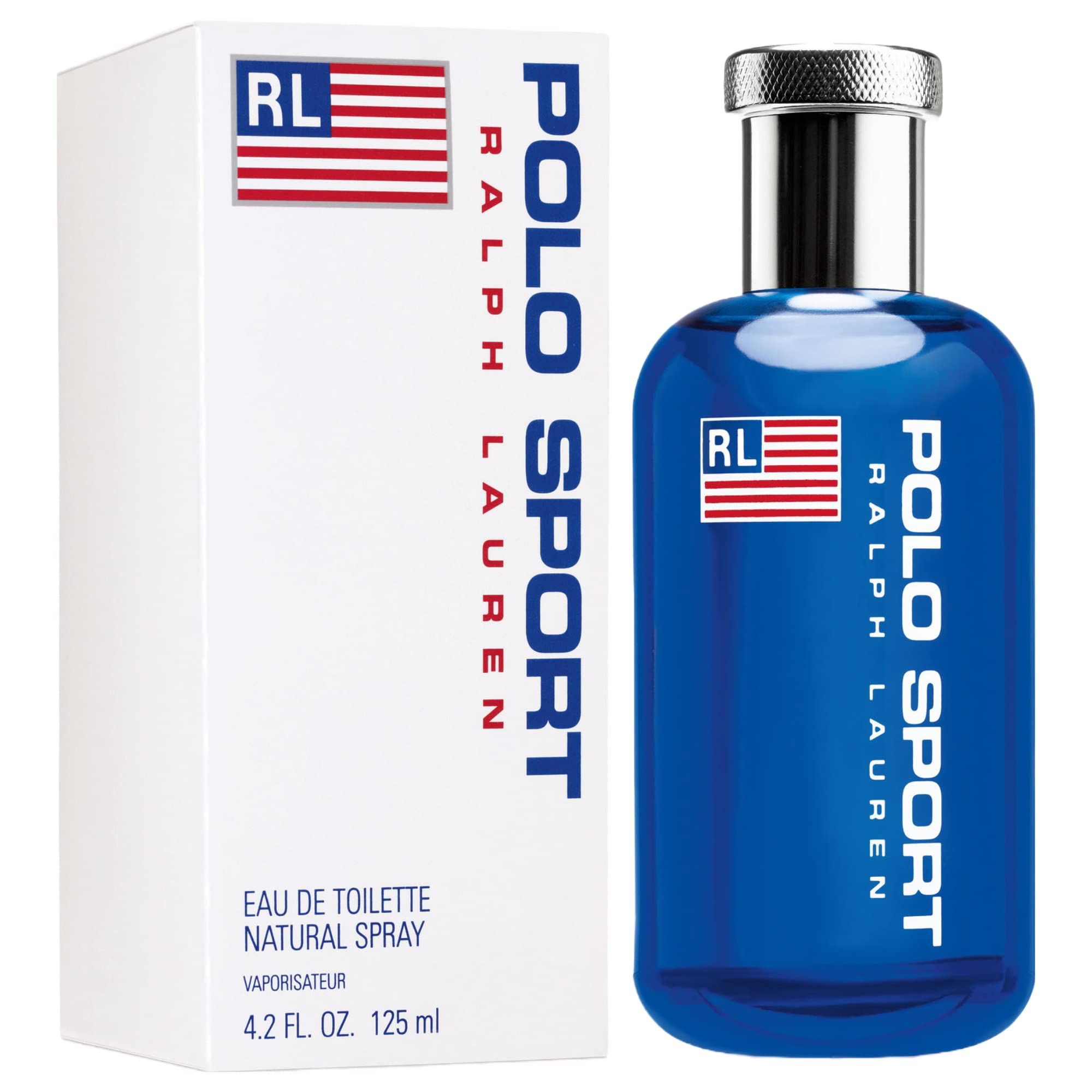 Blaues Parfumflakon neben weißer Verpackung. Aufschrift Polo Sport Ralph Lauren. Logo mit Flagge.