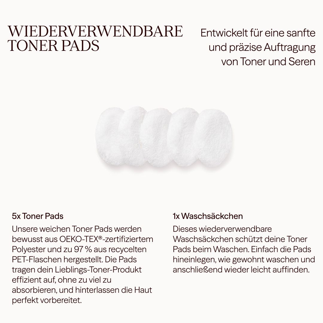 Fünf weiße Toner Pads und ein Waschbeutel. Text: Wiederverwendbare Toner Pads, 5x Pads, 1x Waschbeutel.