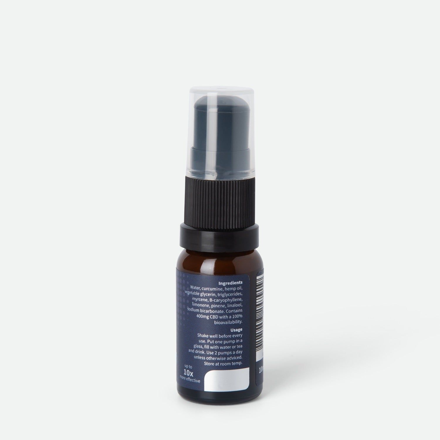 Rückseite einer braunen Sprühflasche mit detaillierten Inhaltsangaben und Anwendungshinweisen.