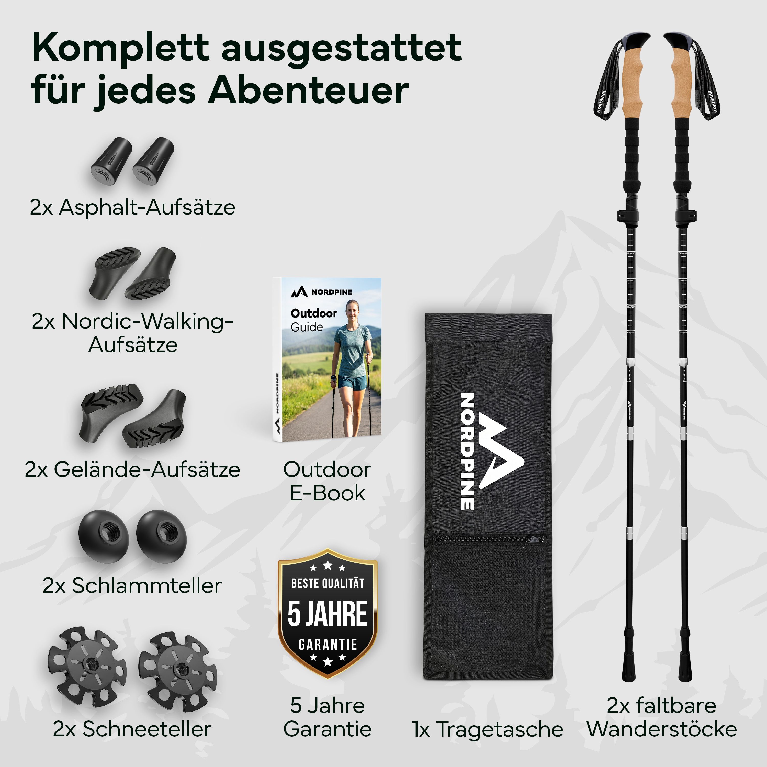 Zwei faltbare Wanderstöcke mit Zubehör: Aufsätze, E-Book, Tasche und Garantie-Siegel.
