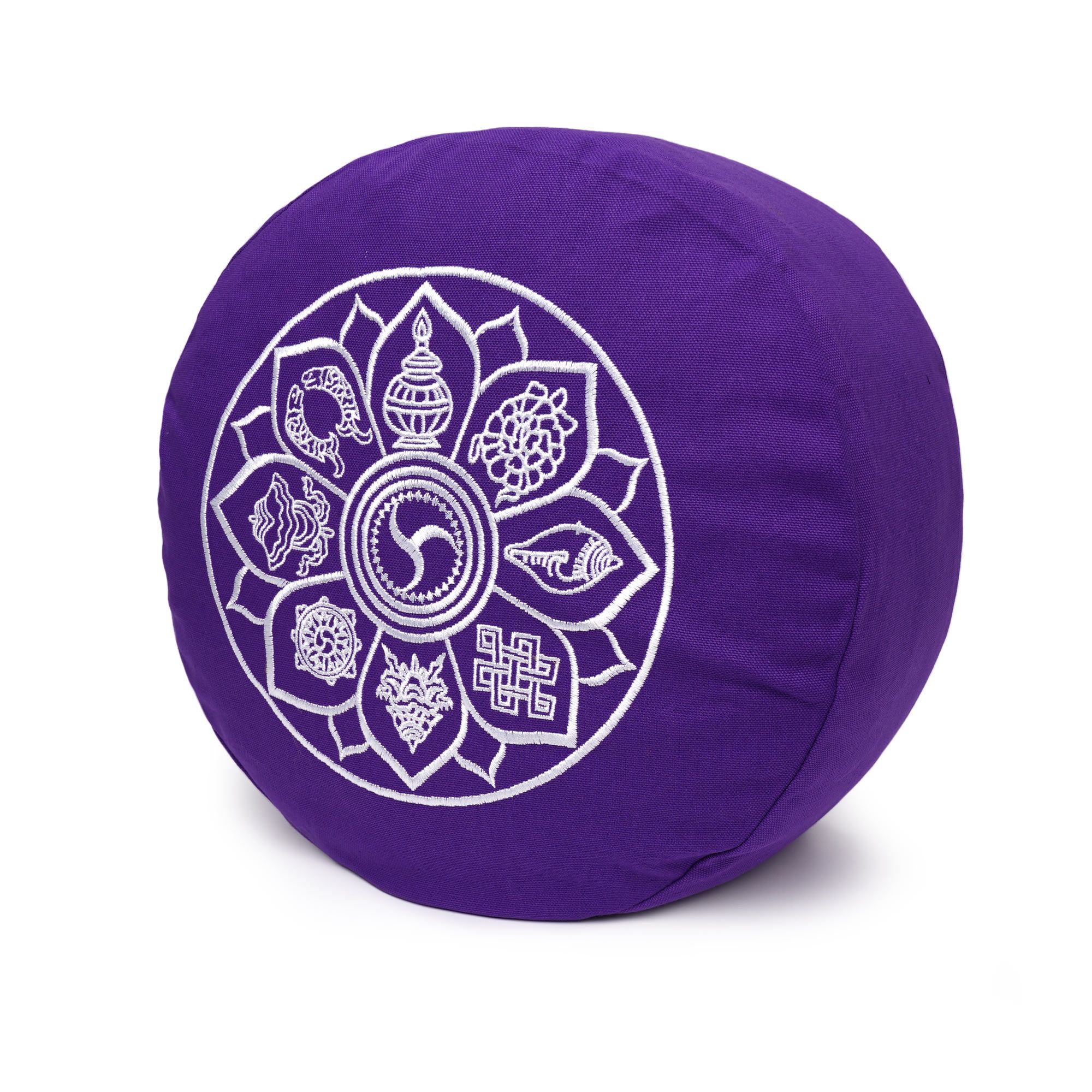 Rundes, lila Meditationskissen mit einem detaillierten, weißen Glückssymbol-Mandala.