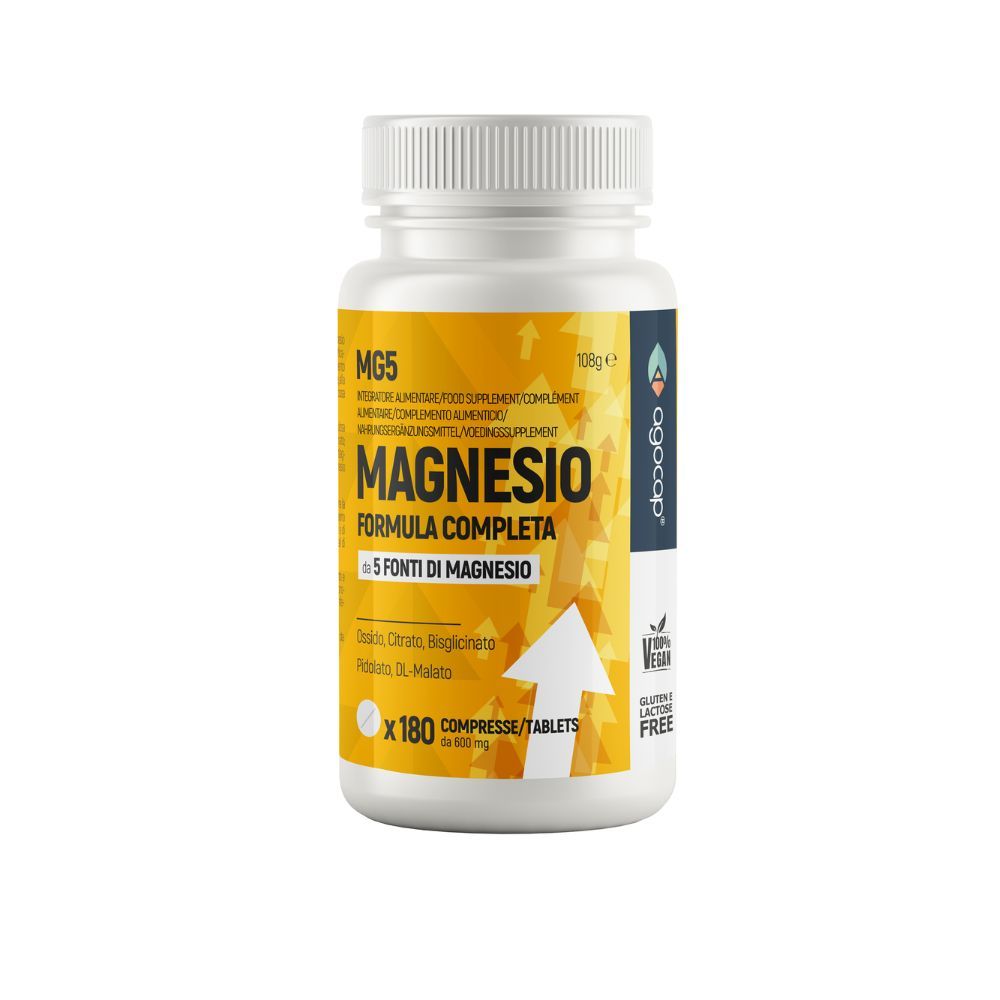 Weißes Fläschchen mit gelbem Etikett. Aufschrift: Magnesio Formula Completa, 180 Tabletten. Vegan-Siegel.