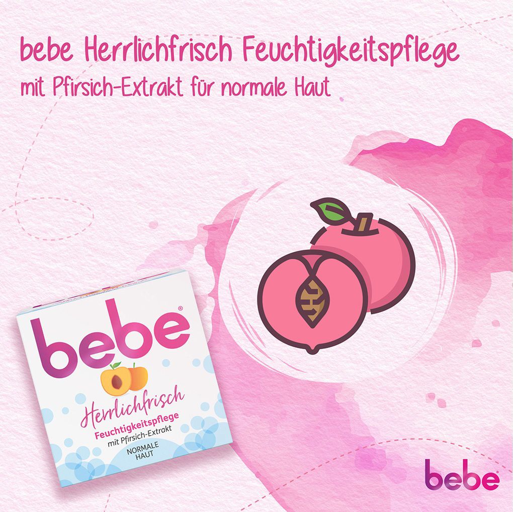 Bebe Feuchtigkeitspflege mit Pfirsich-Extrakt. Weiße Verpackung mit Pfirsich-Illustration auf rosa Hintergrund.