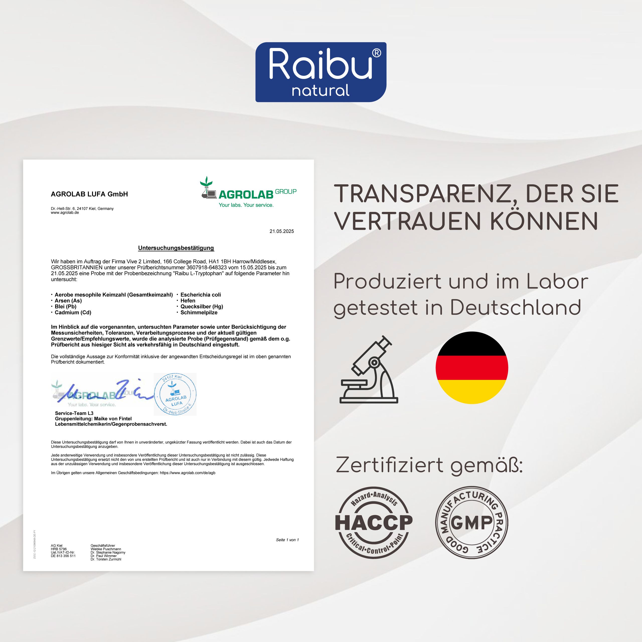 Zertifizierungsdokument. Text: Agrolab, Analyse von L-Tryptophan. Zertifiziert nach HACCP und GMP.