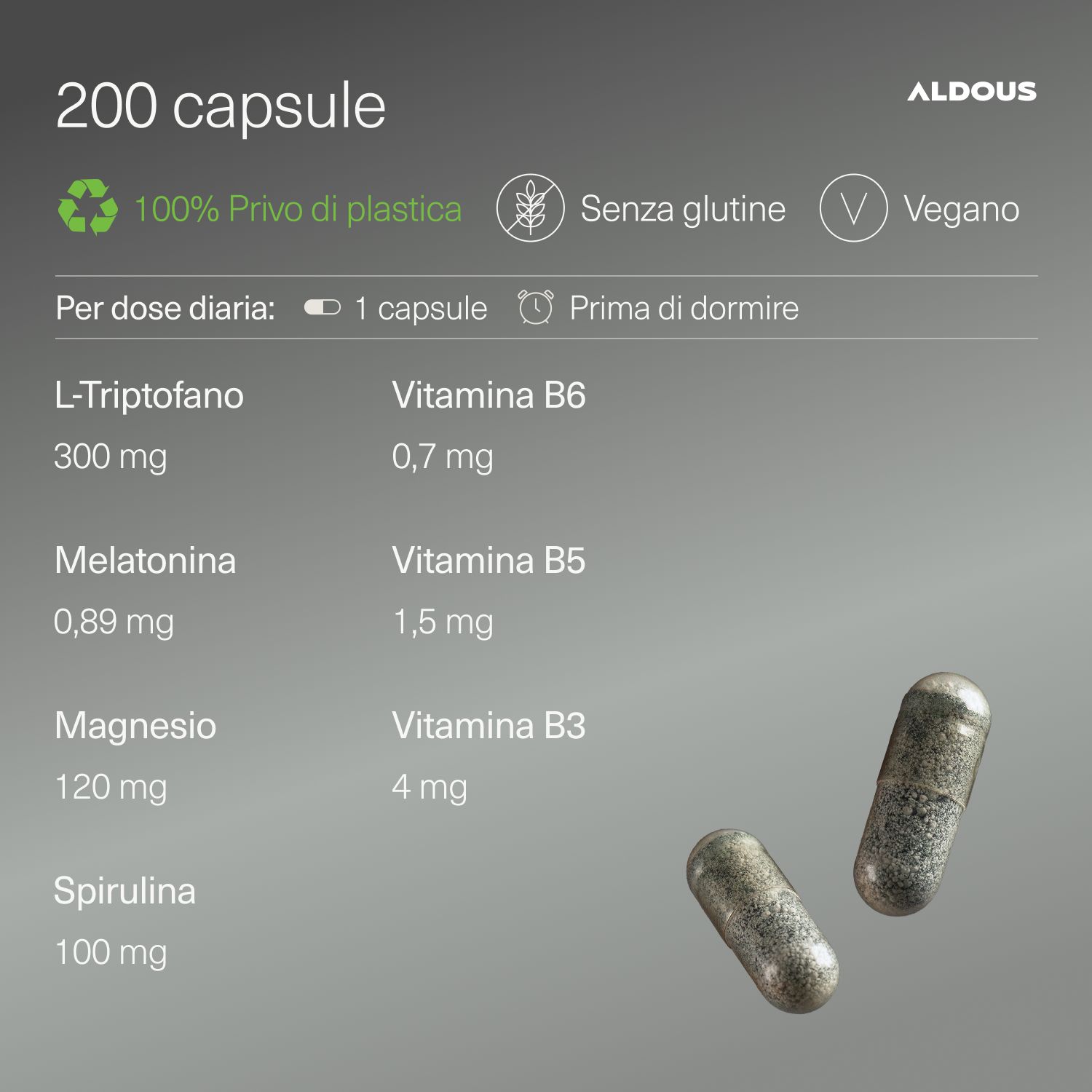 Aldous L-Tryptophan Dose mit Melatonin, Magnesium, Spirulina und Vitaminen. 200 Kapseln.