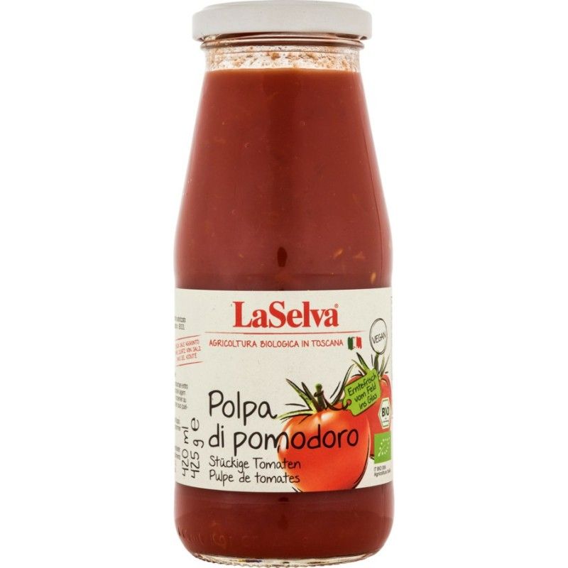 Glasflasche mit Tomatenpüree. Auf dem Etikett steht "LaSelva" und "Polpa di pomodoro". Vegan-Siegel.