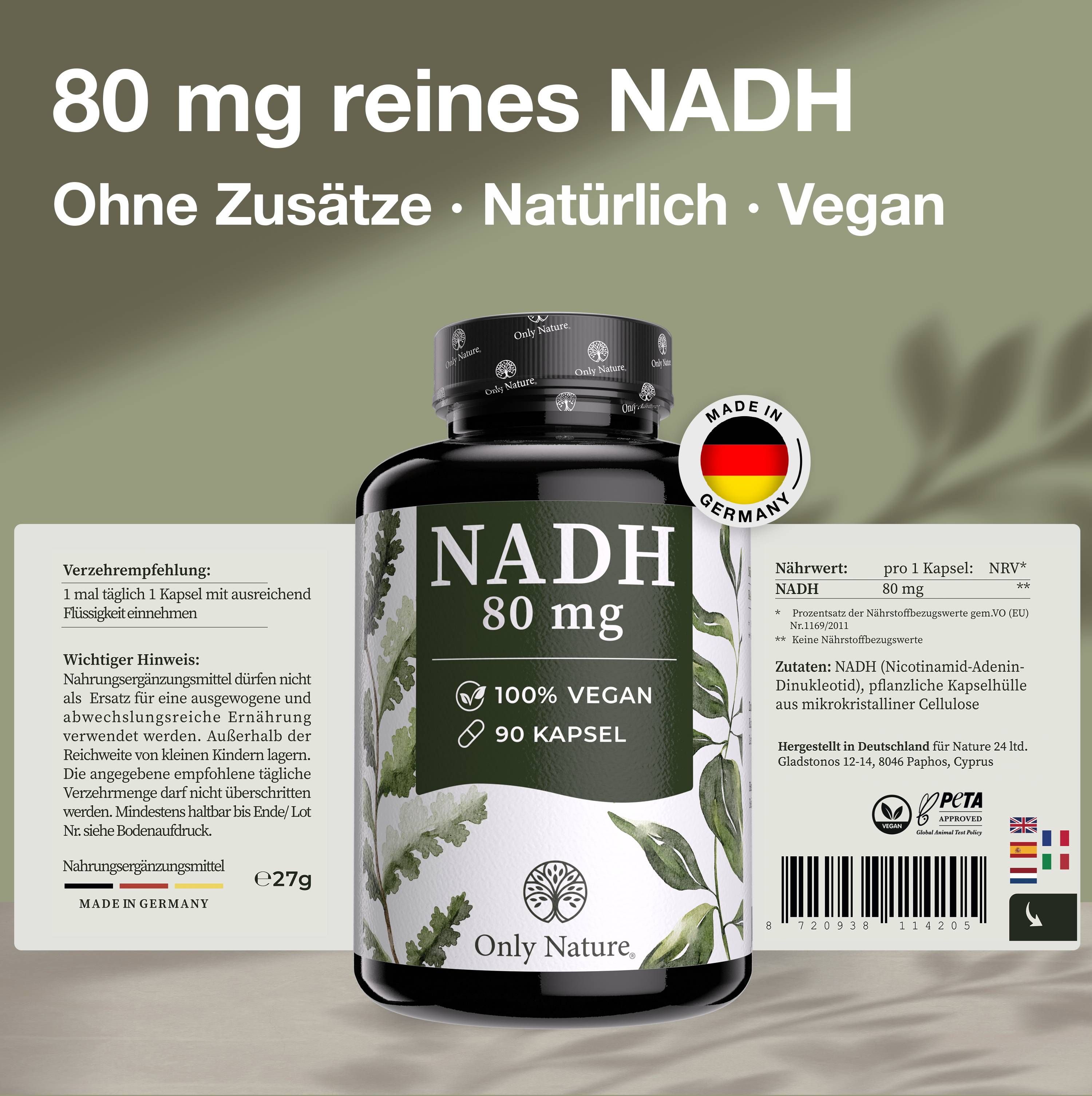 Flasche Only Nature NADH Kapseln (80 mg, 90 Kapseln, 100% Vegan). "80 mg reines NADH. Ohne Zusätze. Natürlich. Vegan."