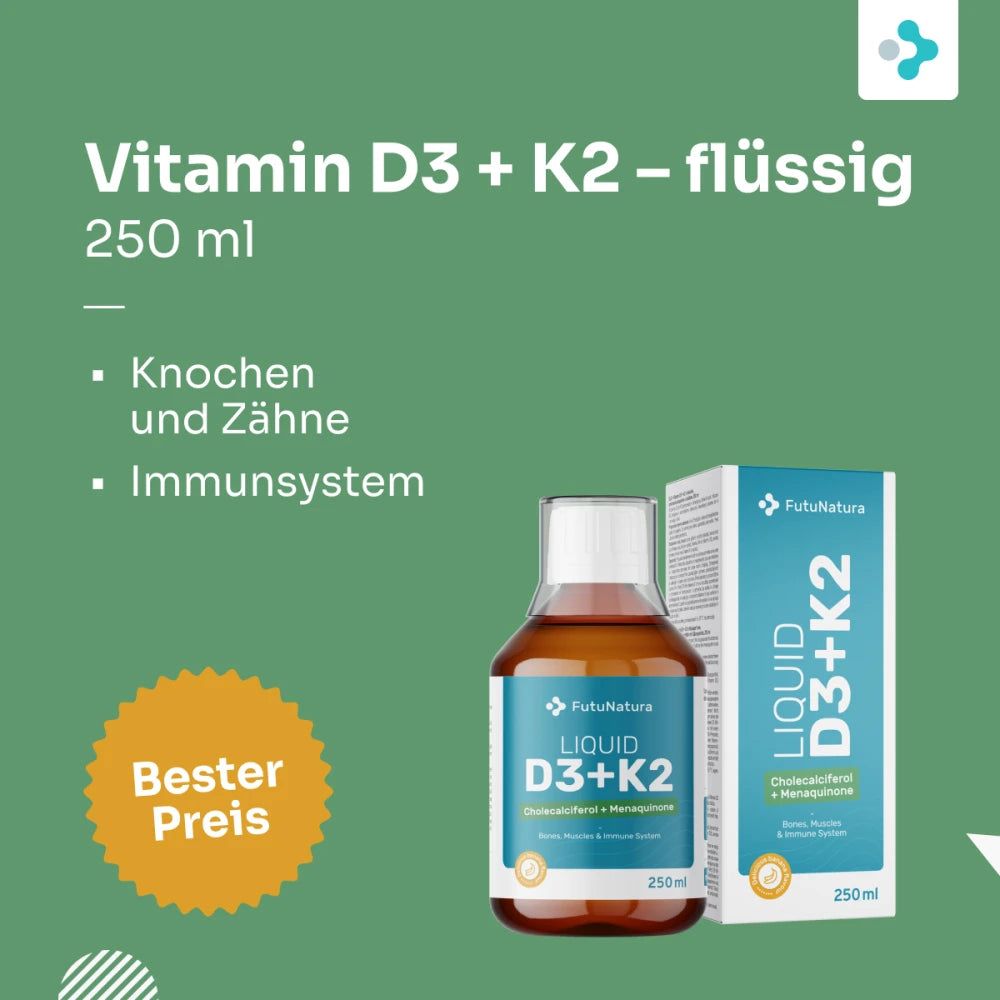 Flüssiges Vitamin D3 + K2, 250ml, für Knochen und Immunsystem.