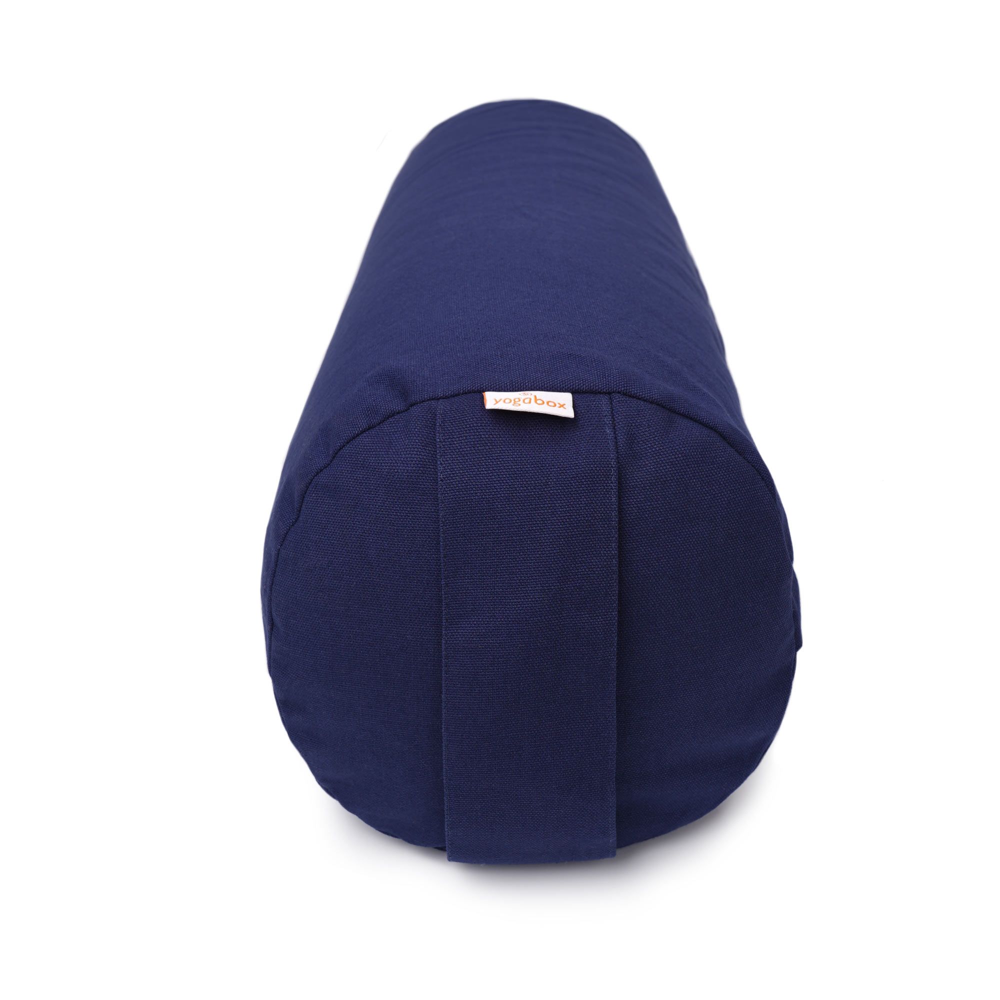 Endansicht eines dunkelblauen Yogabolsters, zylindrisch, mit einem kleinen Etikett.