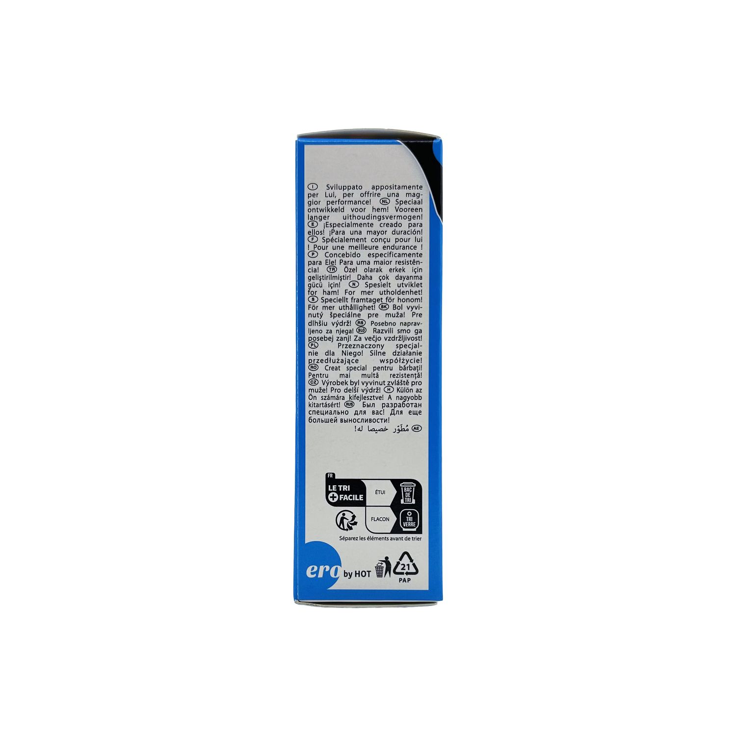 Rückseite der VOLUME drops men Verpackung mit Text und Symbolen.