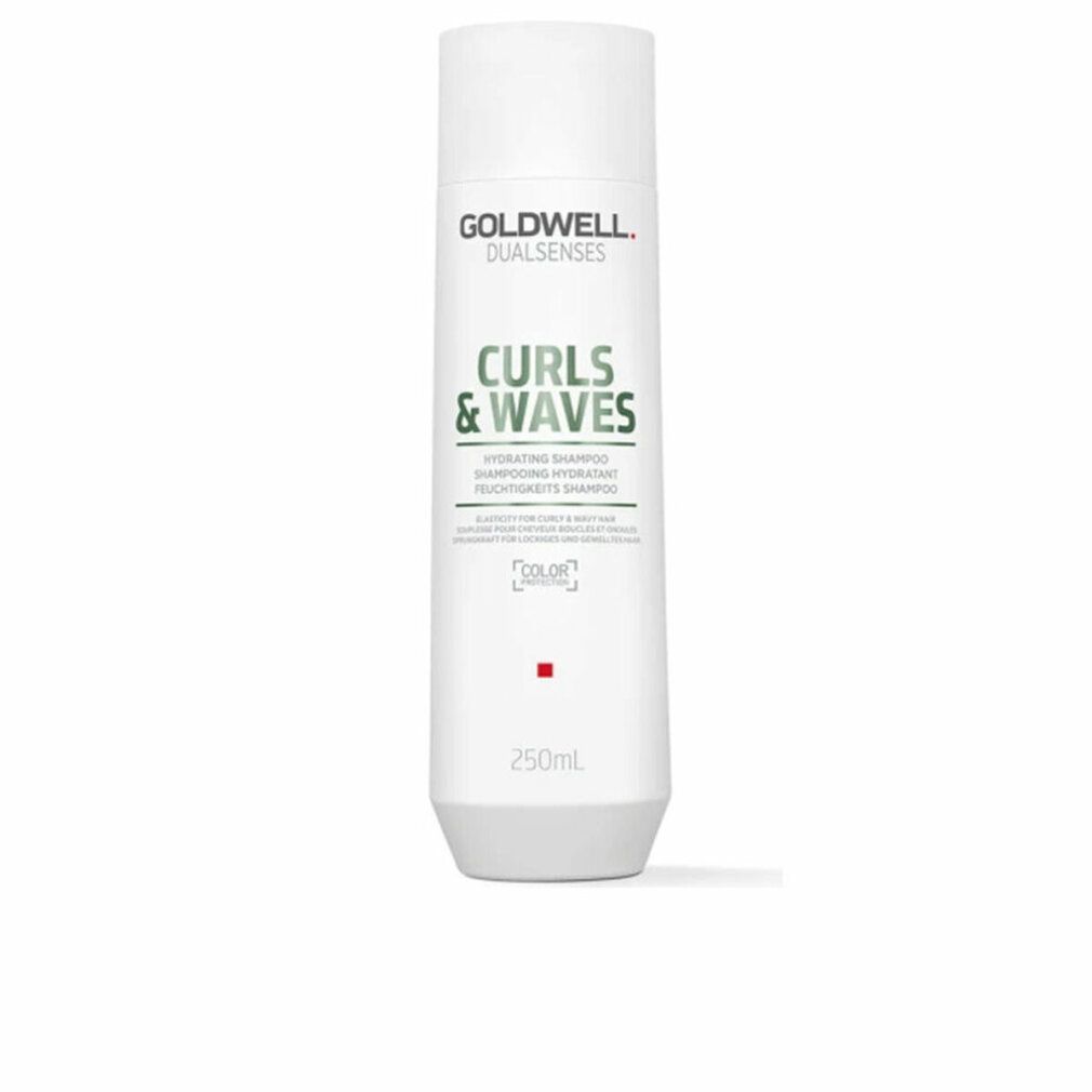 Weißes Shampoo-Fläschchen mit grüner Schrift. Aufschrift: Curls & Waves, Hydrating Shampoo. Marke: Goldwell Dualsenses.