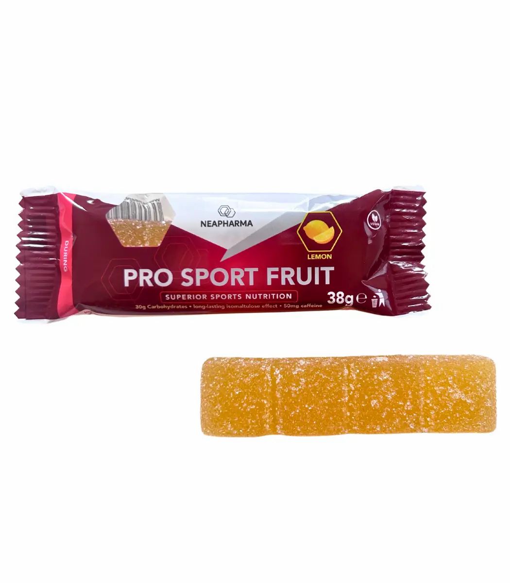 Neapharma Pro Sport Fruit Kaueriegel Zitrone und einzelner Riegel.