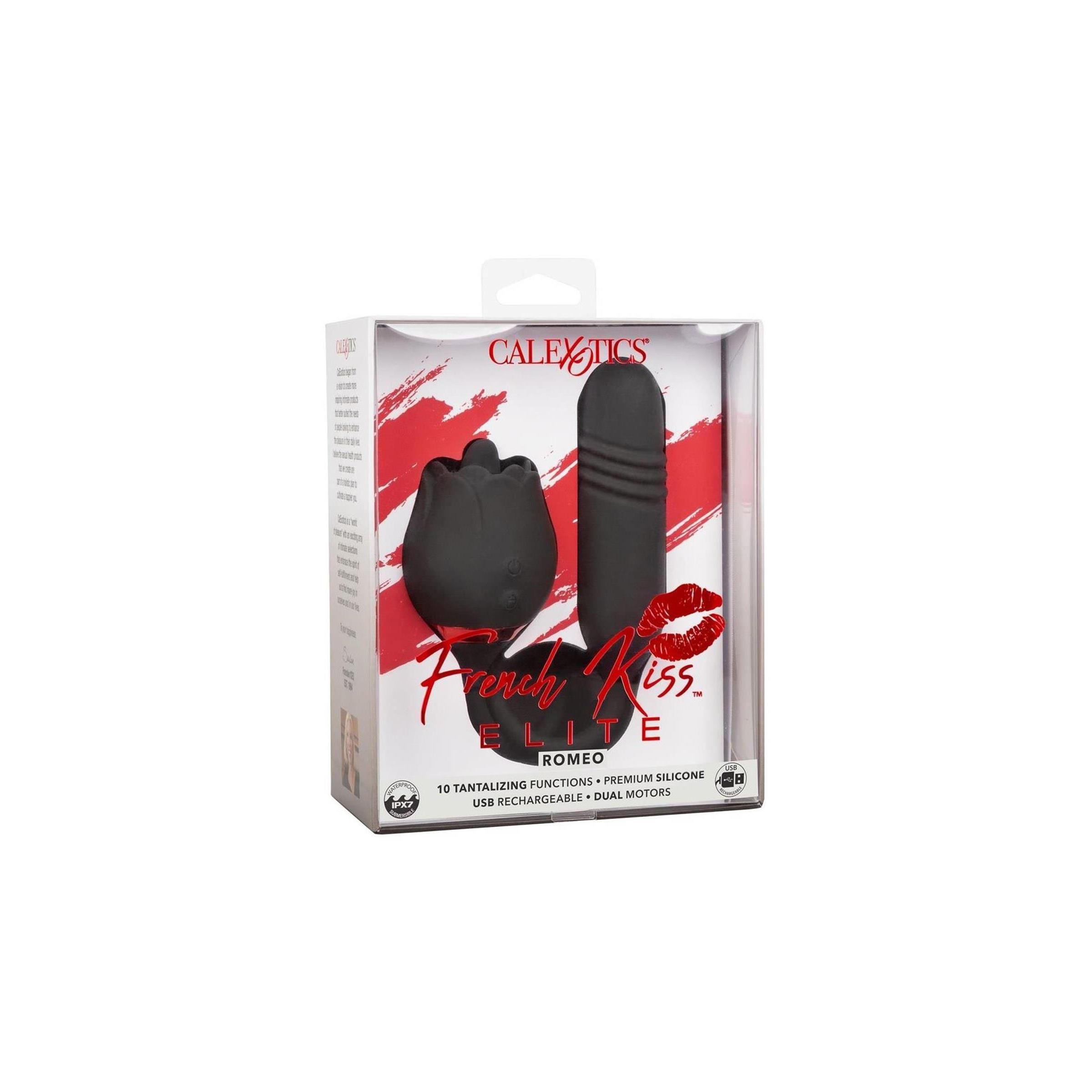 Verpackung mit schwarzem Wellness-Produkt. Enthält einen Rosenkopf und einen Vibrator. Aufschrift: French Kiss Elite Romeo.