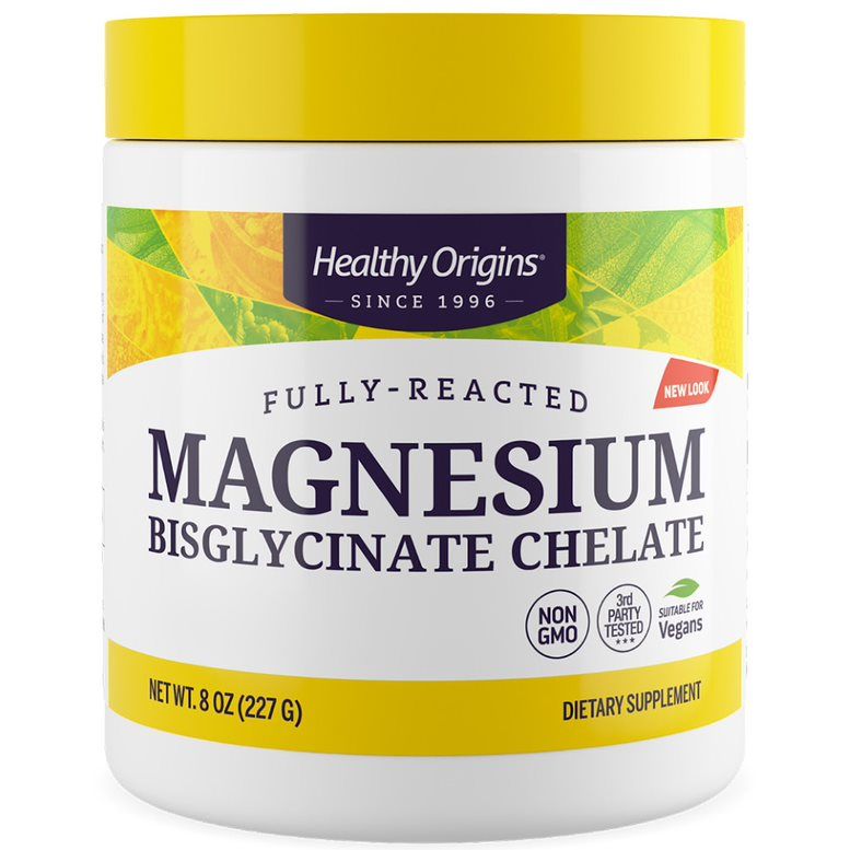 Weißes, zylindrisches Supplement-Behälter mit gelbem Deckel. Aufschrift: Magnesium Bisglycinate Chelate. Vegan, Non-GMO.