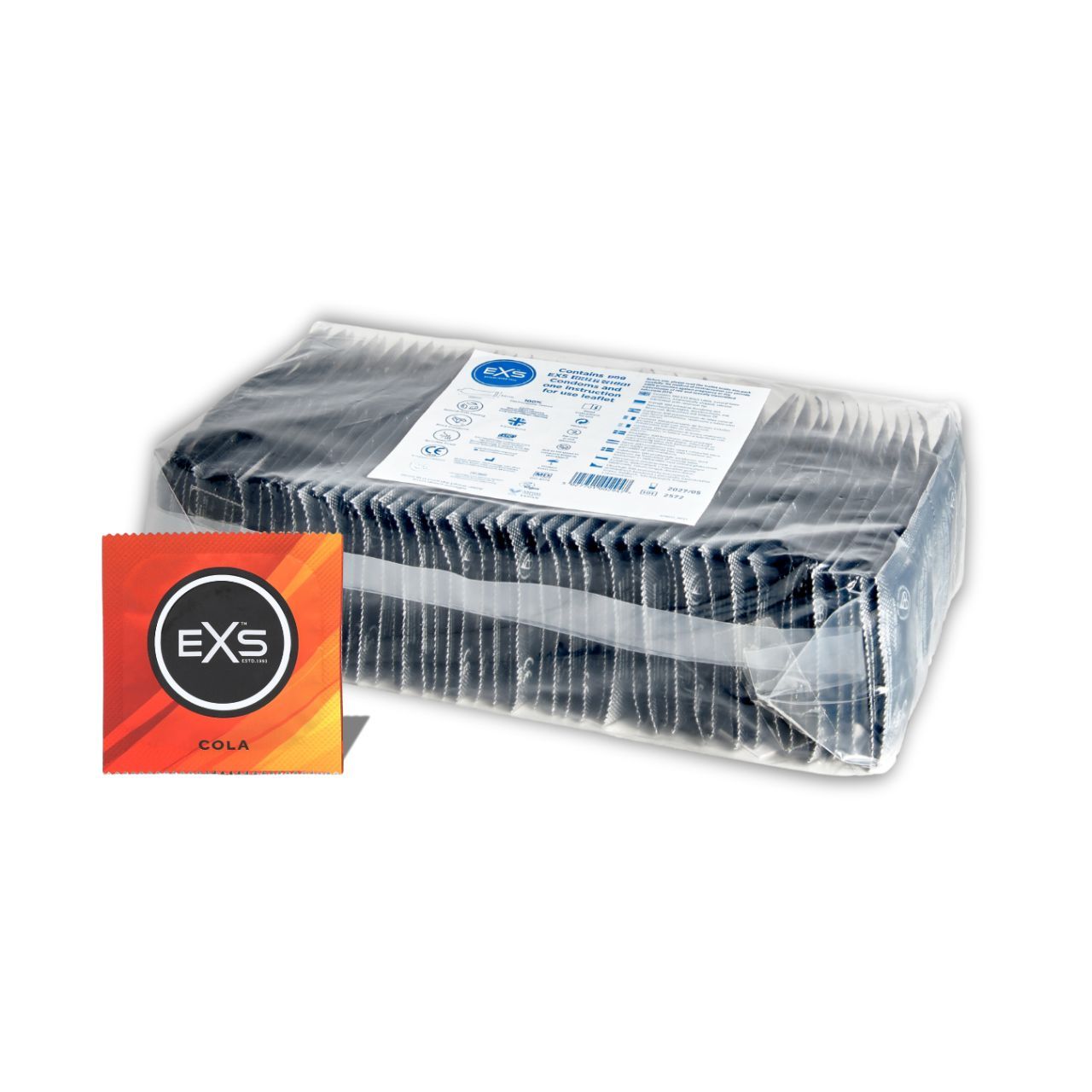Großpackung EXS Kondome: Eine transparente Folie mit vielen einzeln verpackten Kondomen, eine einzelne Cola-Verpackung daneben.