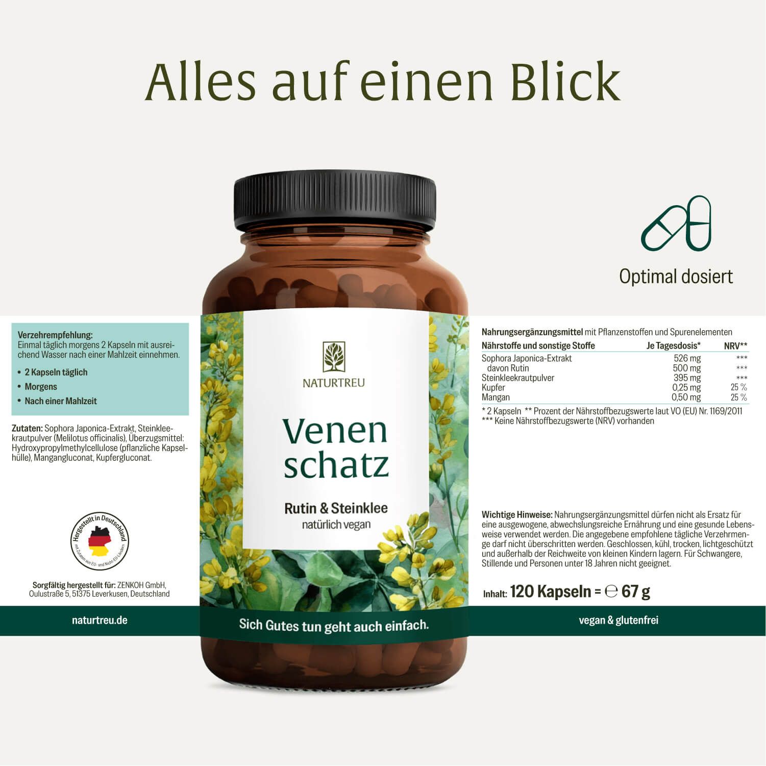 Braune Flasche mit Produktetikett. Text: Venenschatz, Rutin & Steinklee, natürlich vegan. Enthält 120 Kapseln. Text in deutscher Sprache. NATURTREU®-Logo.