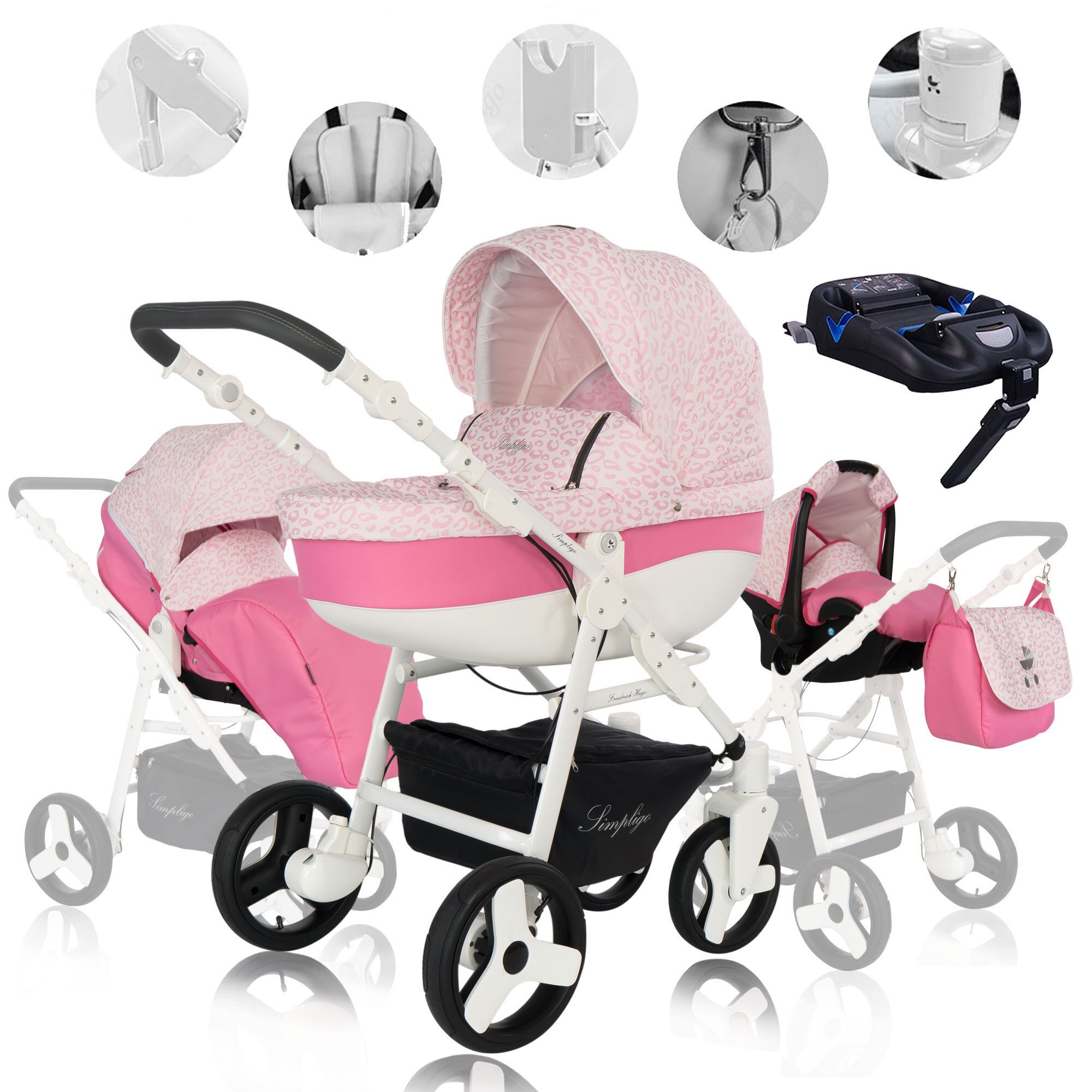 Kinderwagen-Komplettset, Leopard-Pink. Weißes Gestell, schwarzer Korb, pinkfarbene Details. Enthält Babywanne, Sportsitz, Babyschale und Zubehör.