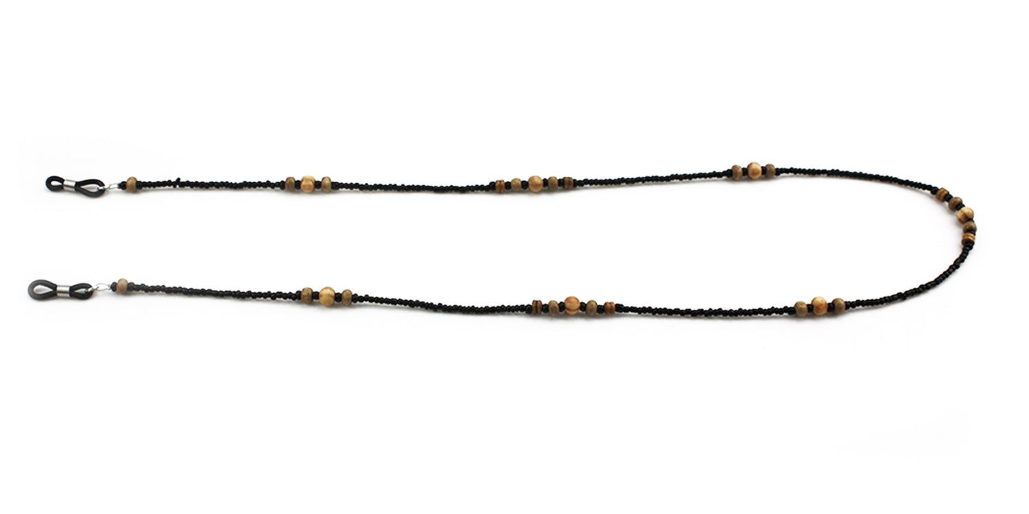 Brillenkette mit schwarzen Perlen und Holzperlen. Metallschlaufen zur Befestigung an der Brille.