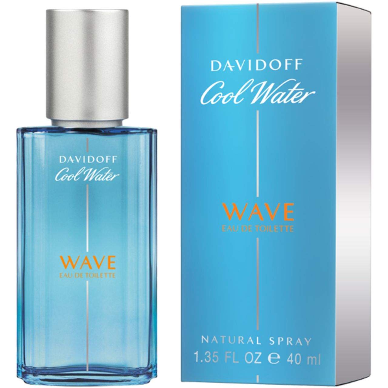 Davidoff Cool Water Wave Eau de Toilette. Flakon und Verpackung. Blau, silberfarben. Text: Natural Spray, 40 ml.