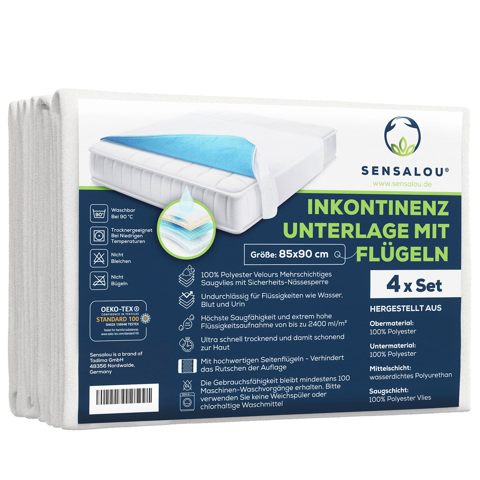 Verpakking van 4 incontinentie onderleggers met vleugels. Productnaam, afmetingen, kenmerken, logo en certificeringen.