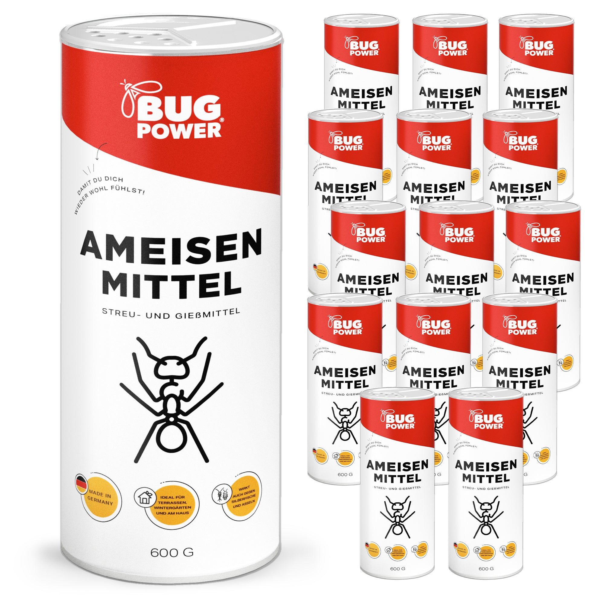 Zylinderförmige Dose mit rotem Deckel und Aufschrift. Produktname: Ameisen Mittel. Mehrere Dosen sind abgebildet.