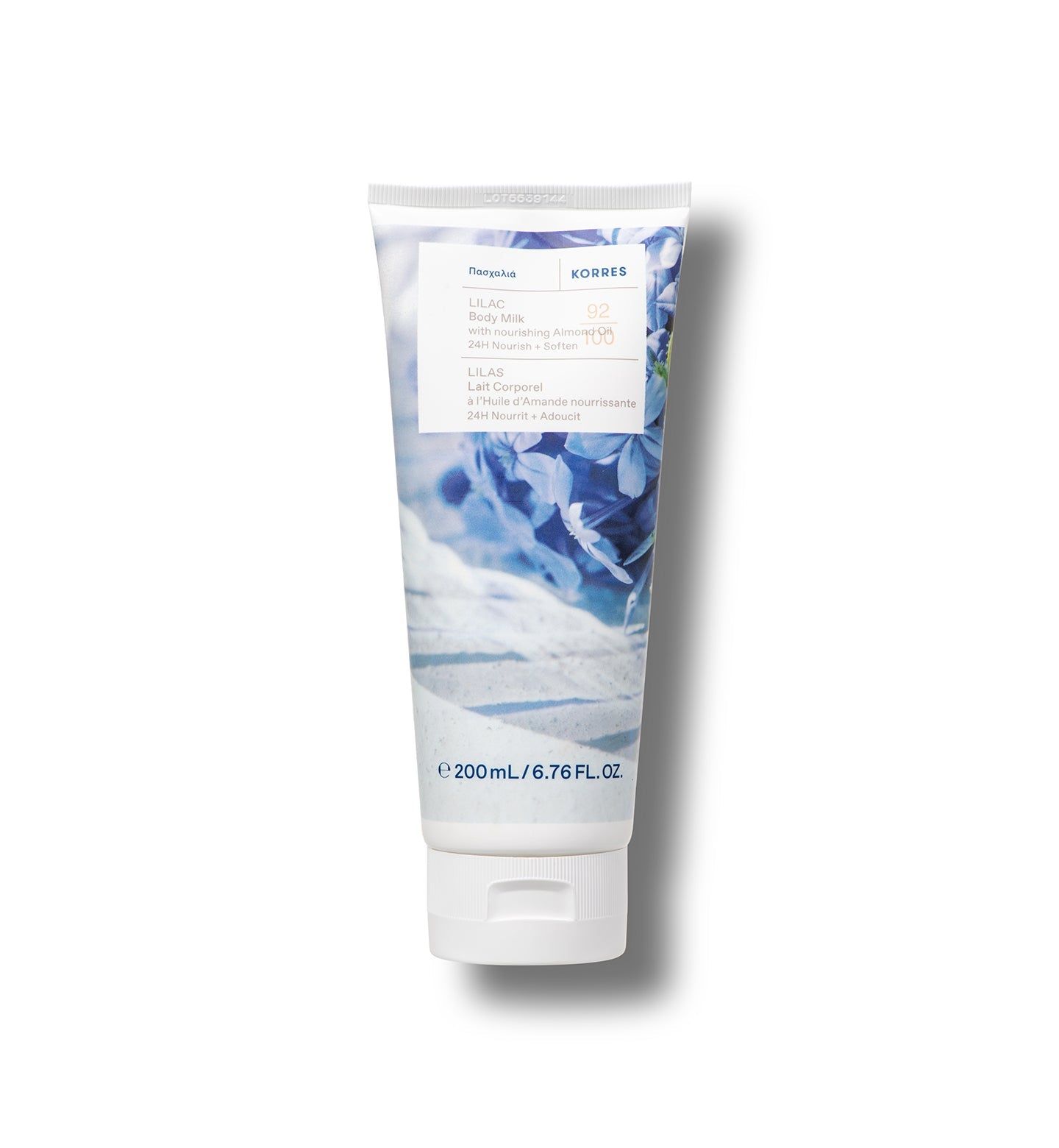 Korres Lilac Body Milk Tube mit floralem Design und 200ml Füllmenge.