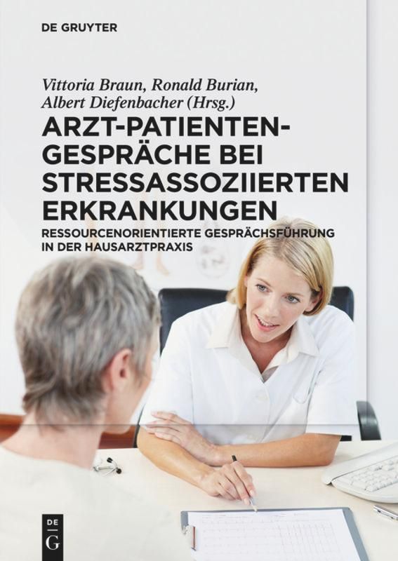 Buchcover mit Titel: Arzt-Patienten-Gespräche bei stressassoziierten Erkrankungen. Zwei Personen sitzen an einem Tisch.