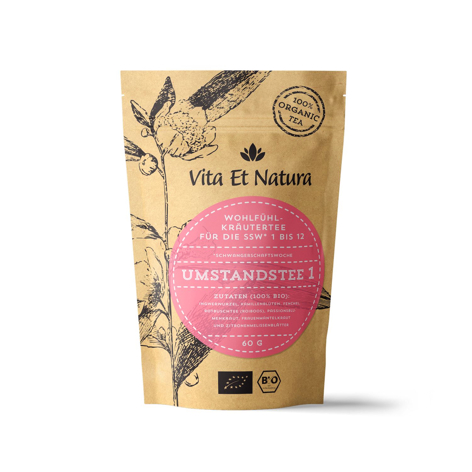 Braune Verpackung von Umstandstee 1. Rosa Etikett mit Produktinformationen. Bio-Siegel und 60g.