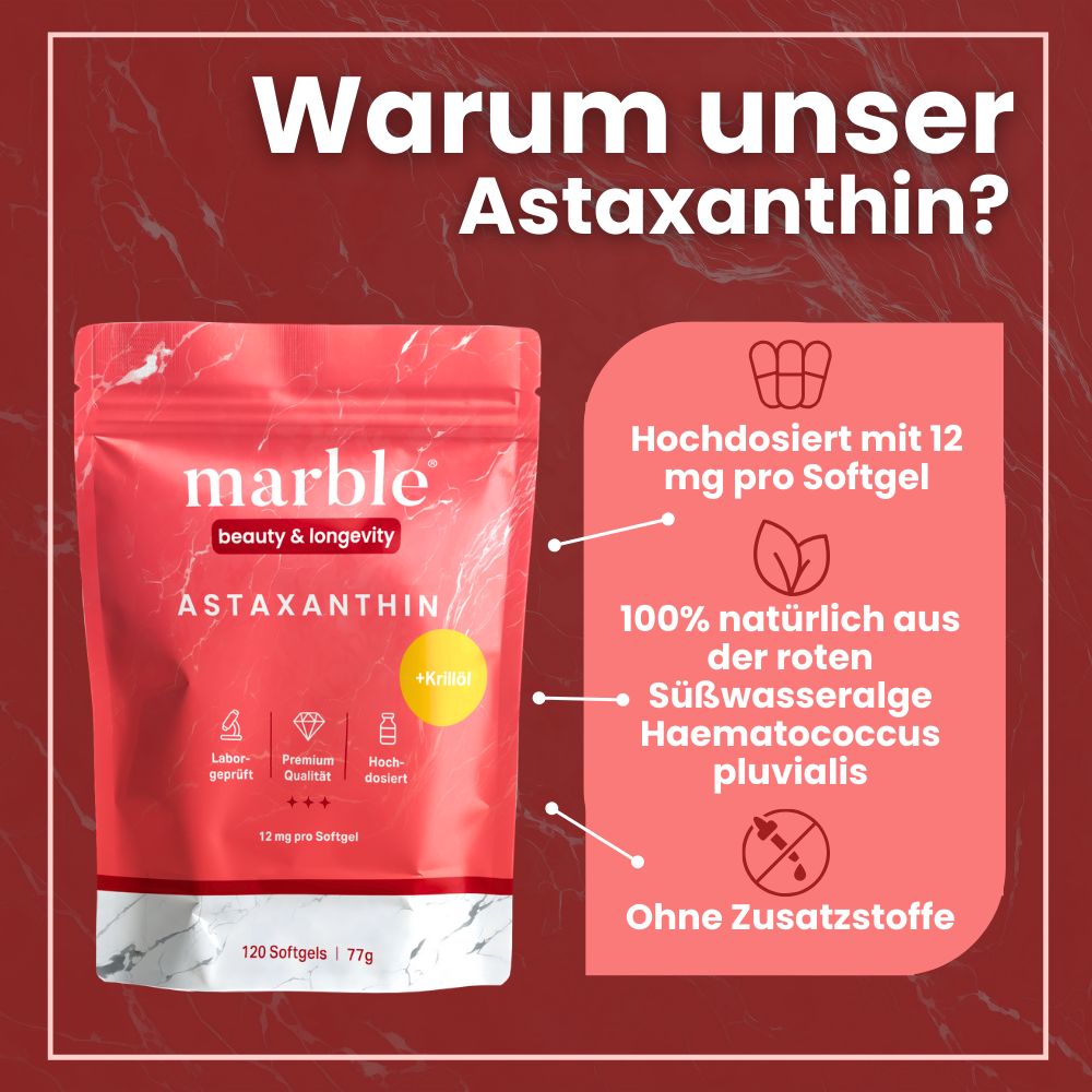 Rosa Beutel mit Astaxanthin-Kapseln. Text: marble, Astaxanthin, 12 mg pro Softgel, 120 Softgels, 77g. Diagramm mit Inhaltsangaben.