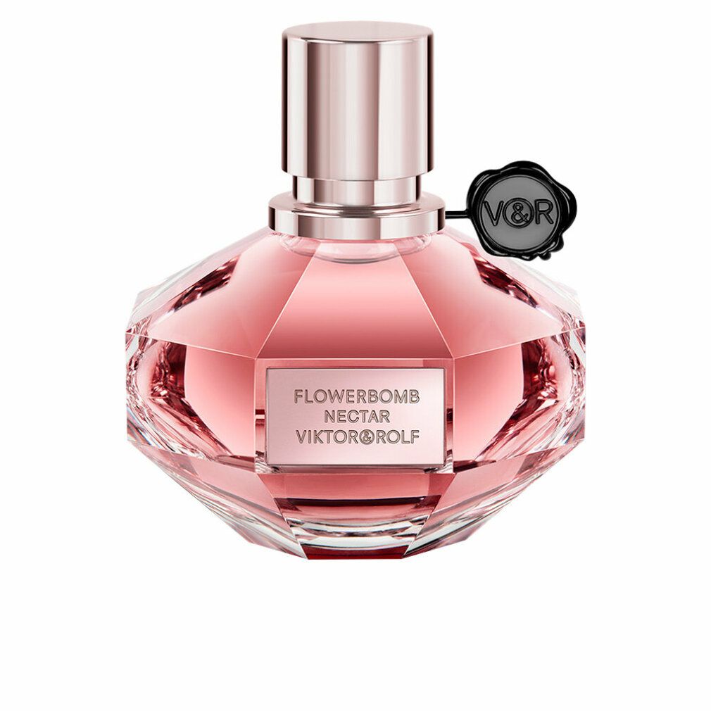 Rosafarbener Flakon mit rosafarbenem Inhalt. Aufschrift: Flowerbomb Nectar Viktor & Rolf. Schwarzes Siegel mit V&R-Logo.