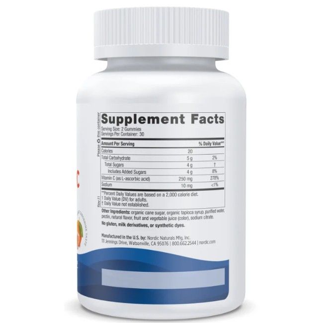 Weiße Flasche mit Schraubverschluss. Aufkleber mit Nährwertangaben und Inhaltsstoffen. Text: Vitamin C, 250 mg.