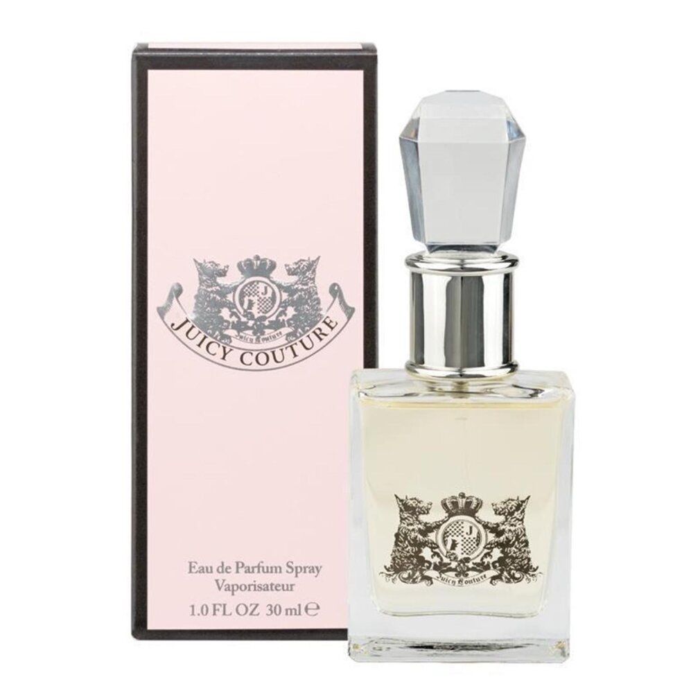 Juicy Couture Eau de Parfum Spray 30 ml. Quadratischer Glasflakon mit silbernem Emblem und Kristallverschluss.