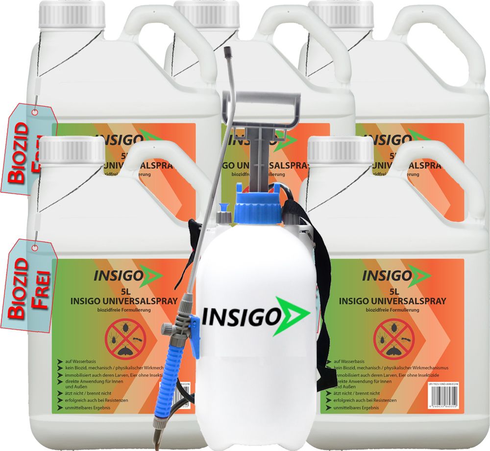 INSIGO Universal Insektenspray. Mehrere 5L Behälter und ein Sprühgerät. Etikett mit 'Biozid Frei'.