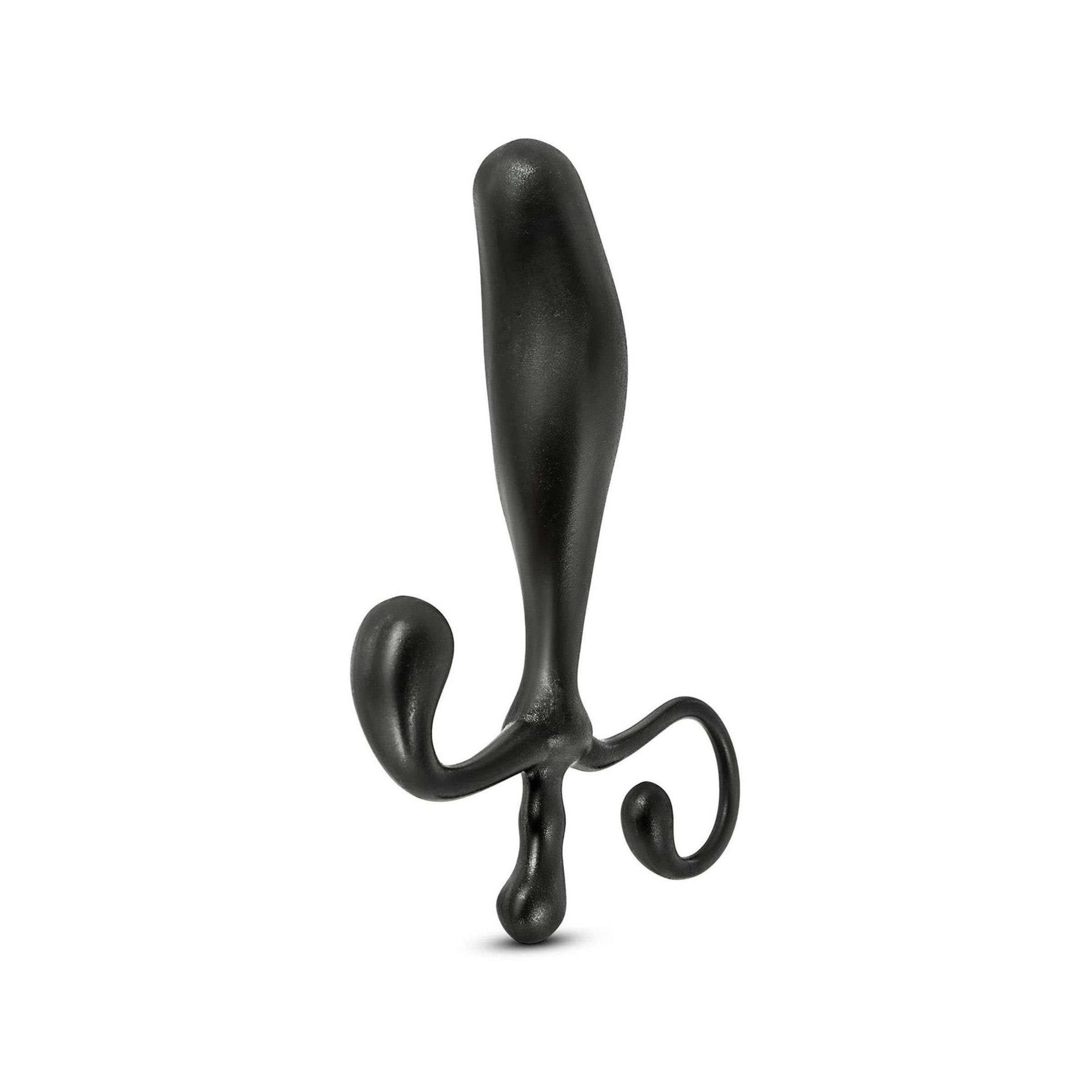 Schwarzer Prostata-Stimulator. Länglicher Schaft mit drei Ausläufern, einer mit einer Schlaufe. Glatte Oberfläche.