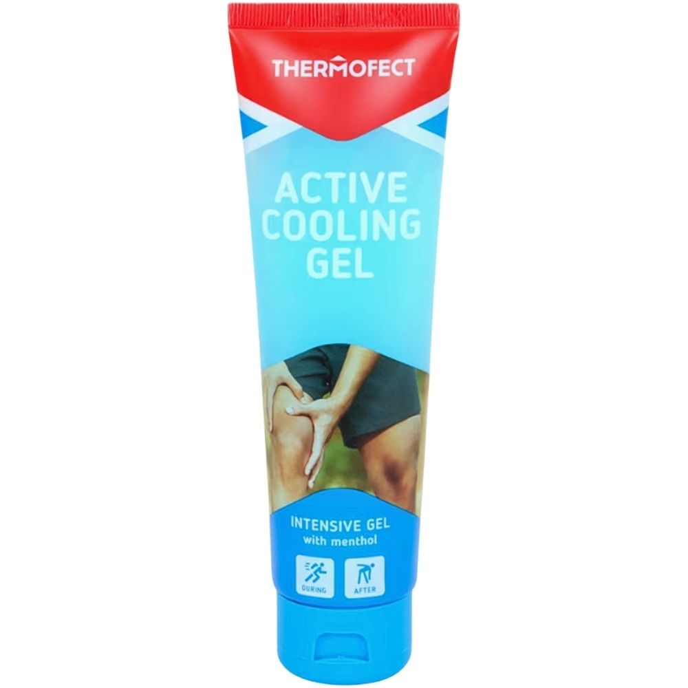 Blau-weiße Tube mit rotem Deckel. Aufschrift: THERMOFECT, ACTIVE COOLING GEL. Abbildung: Person mit Schmerzen am Bein.