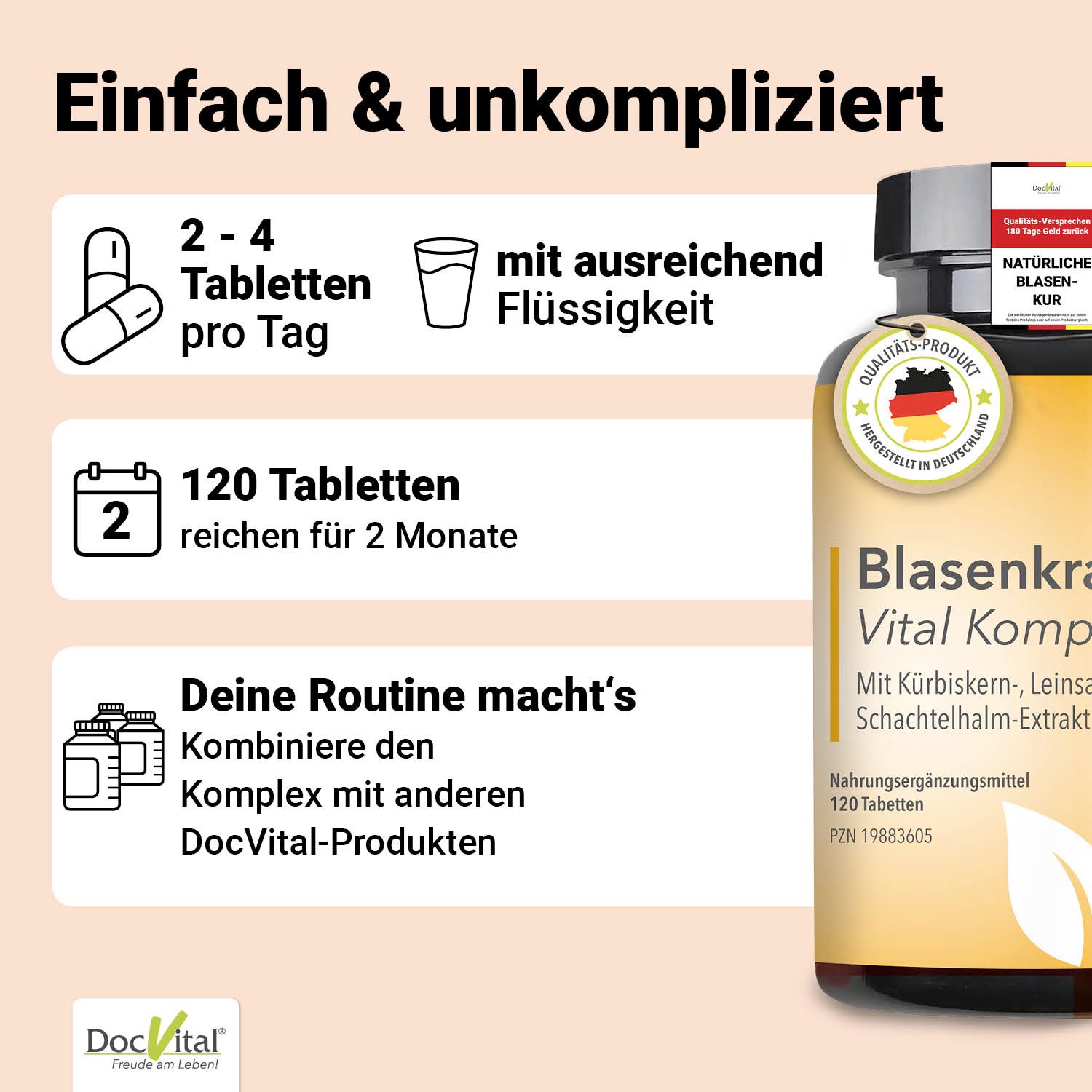 Tabletten, Glas Wasser, Flasche Blasenkraft Vital Komplex. Text: 2-4 Tabletten pro Tag, 120 Tabletten für 2 Monate.