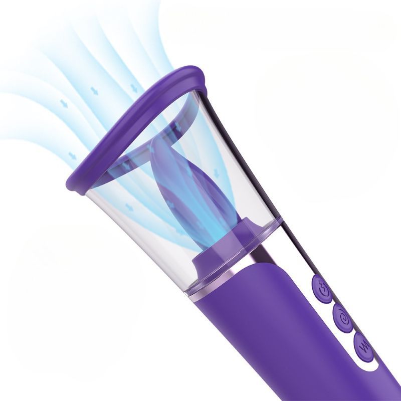 Lila Vibrator mit transparentem Aufsatz. Blaue Luftströme. Drei Knöpfe.